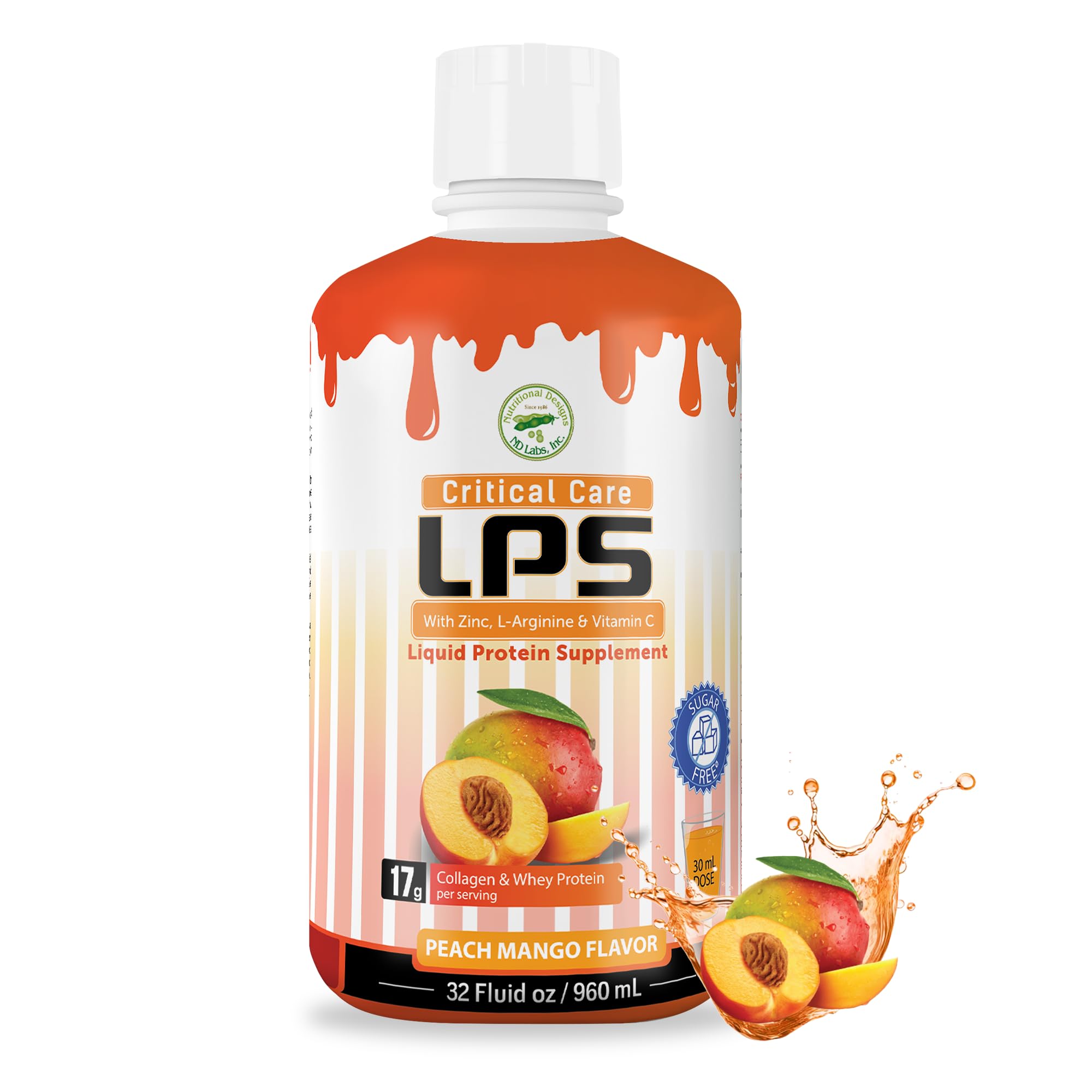 Nutritional Designs LPS líquido en botella, foco en colágeno y proteína.