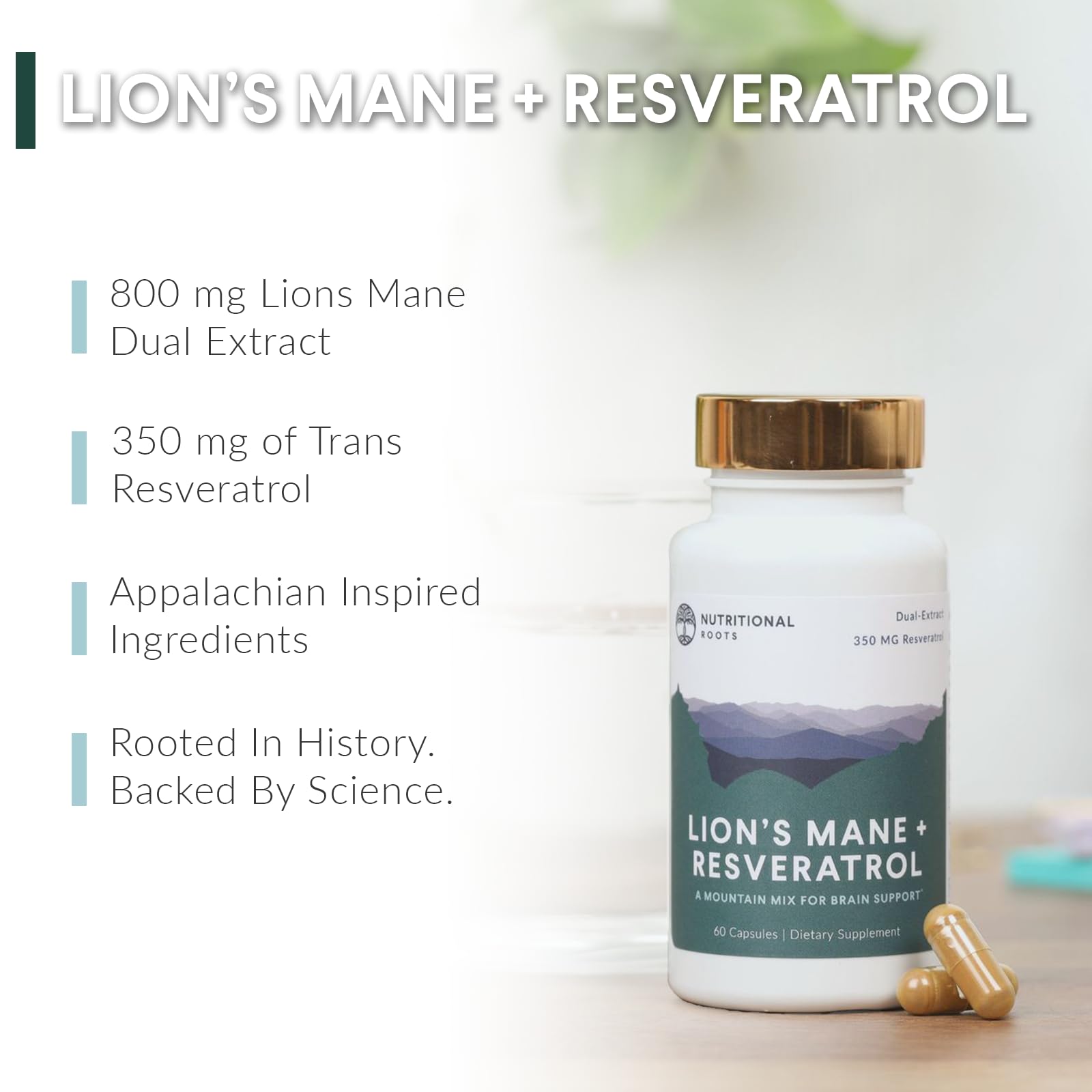 Nutritional Roots Cápsulas Melena de León y Resveratrol, porción diaria para apoyo a la concentración.