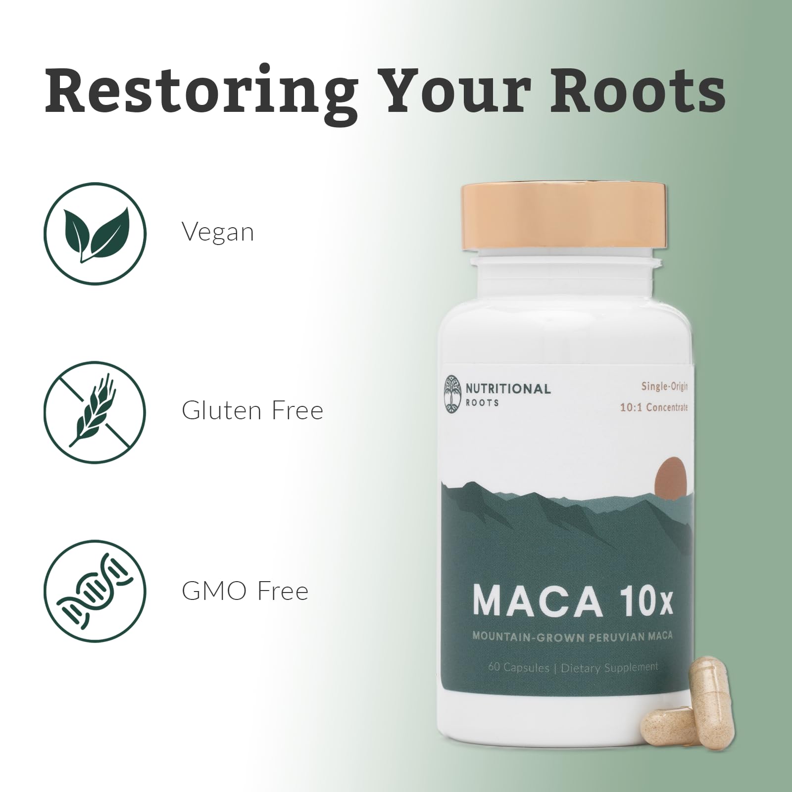 Presentación en blister de Nutritional Roots Maca, 60 cápsulas para uso diario.
