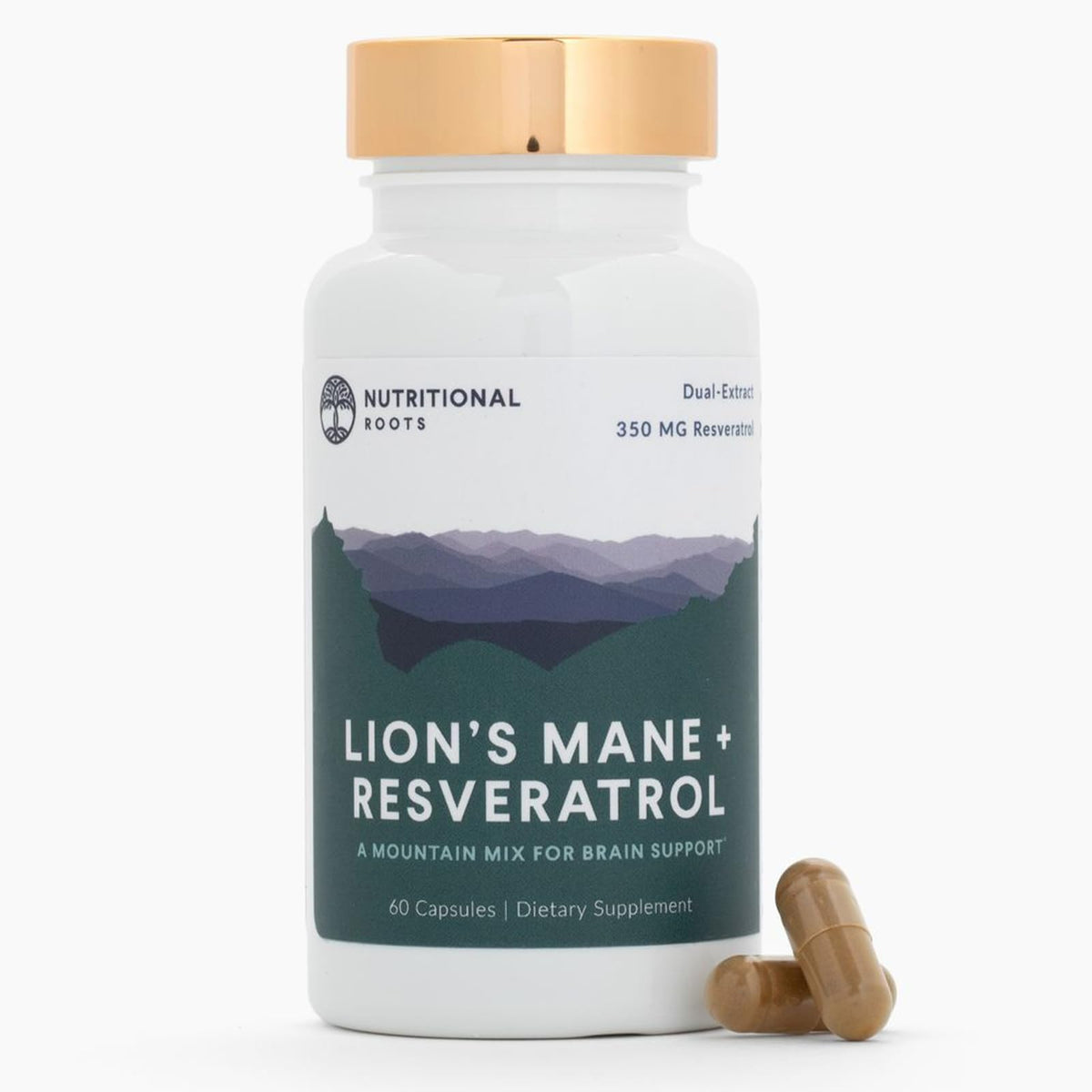 Nutritional Roots Melena de León y Resveratrol, botella, para apoyo a la función cerebral y salud cardíaca.