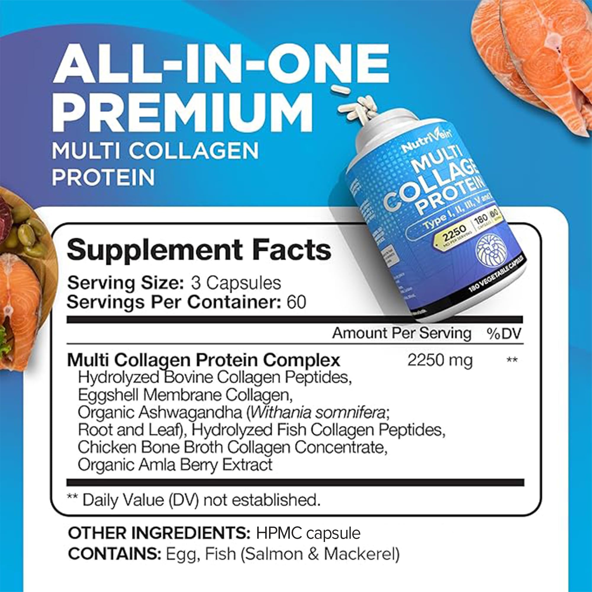 Nutrivein Colágeno Múltiple de Alta Gama: cápsulas en la mano para la dosis diaria de 1450 mg.