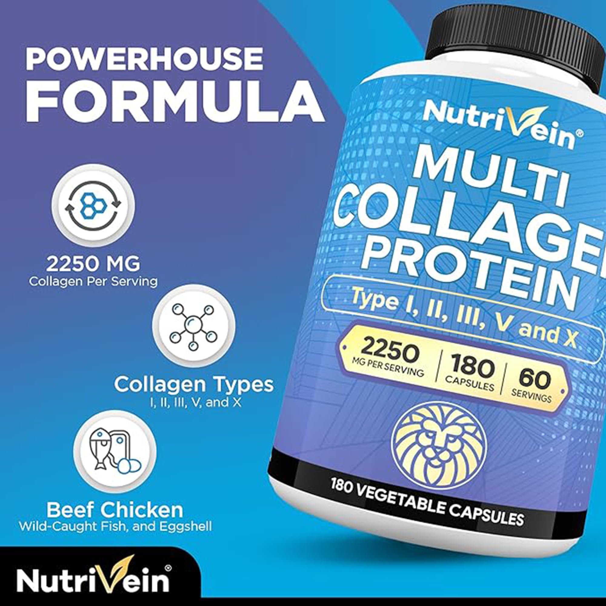 Nutrivein Colágeno Múltiple de Alta Gama: etiqueta clara que destaca calidad y procedencia.