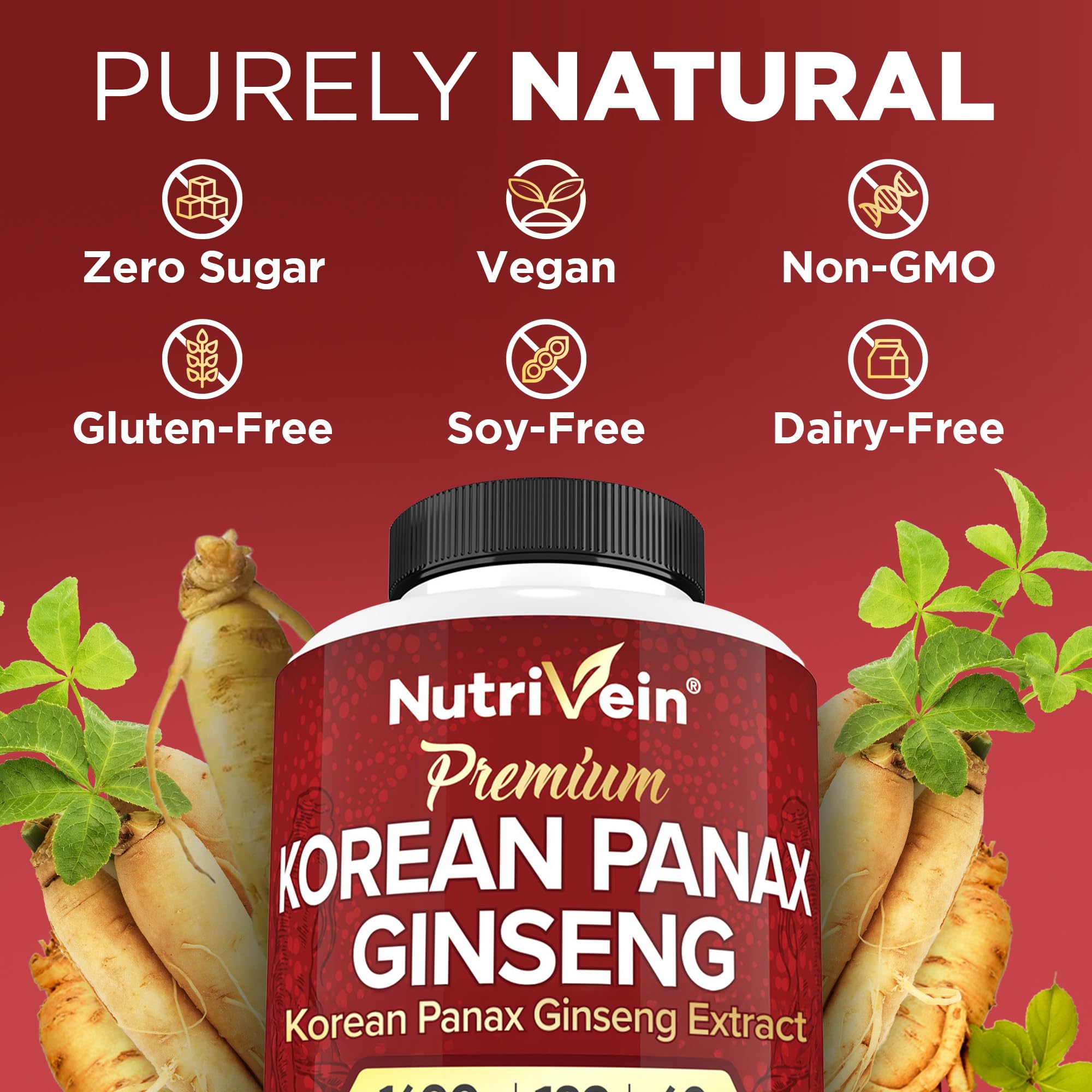 Nutrivein ginseng rojo coreano, vista frontal de la botella y etiqueta