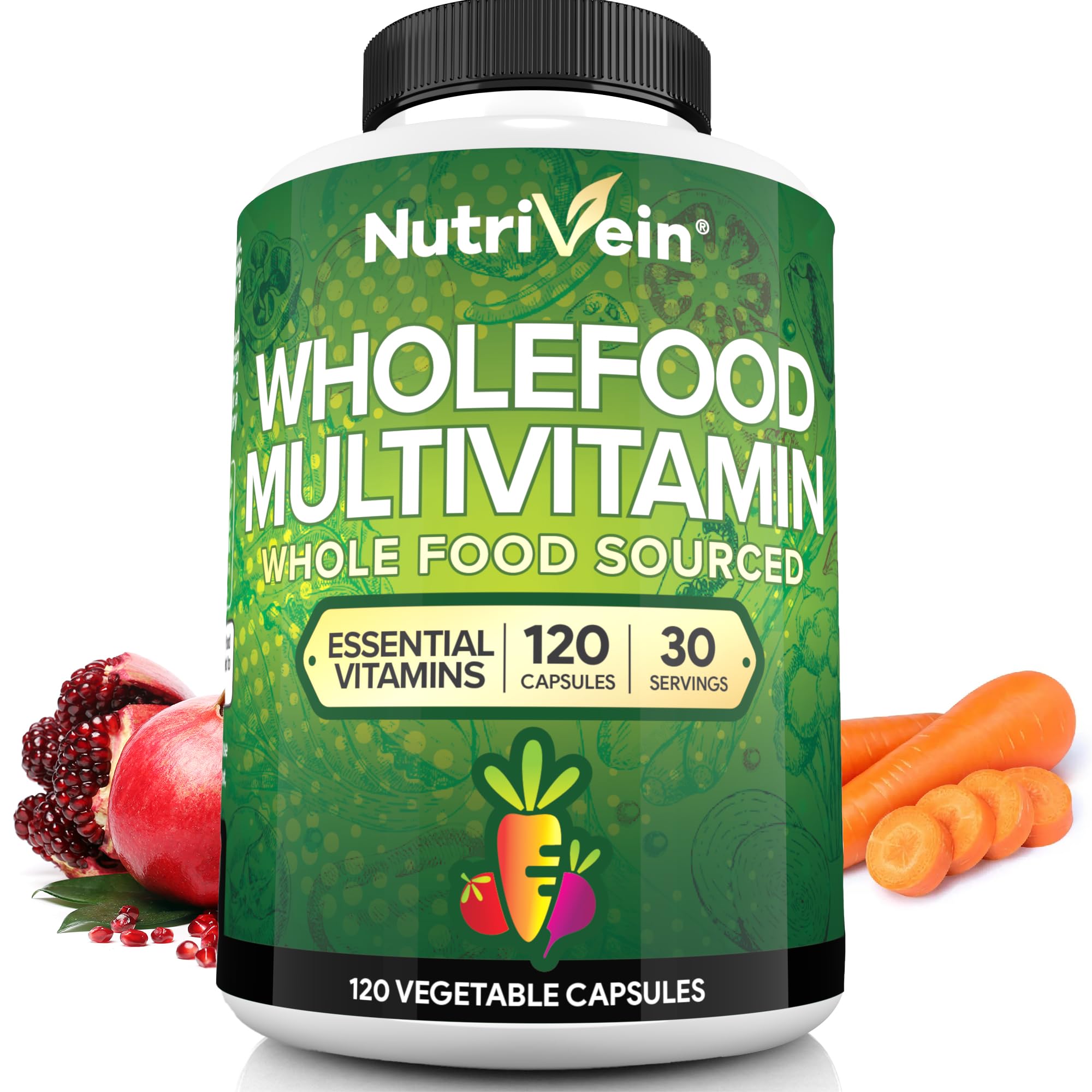 Nutrivein multivitamínico, botella frontal, apoyo a energía diaria.