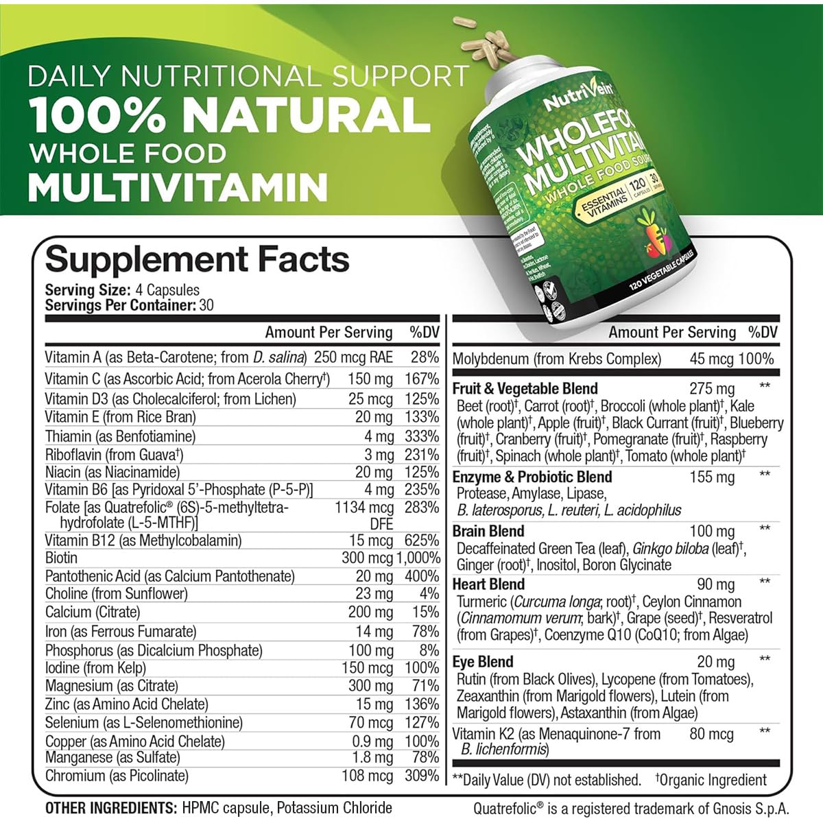 Nutrivein multivitamínico, etiqueta detalle, información clara de nutrientes para adultos.