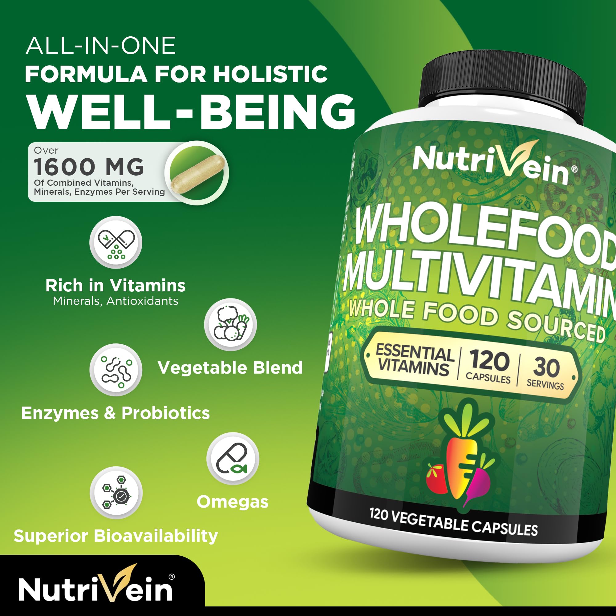 Nutrivein multivitamínico, contiene probióticos y enzimas para digestión equilibrada.