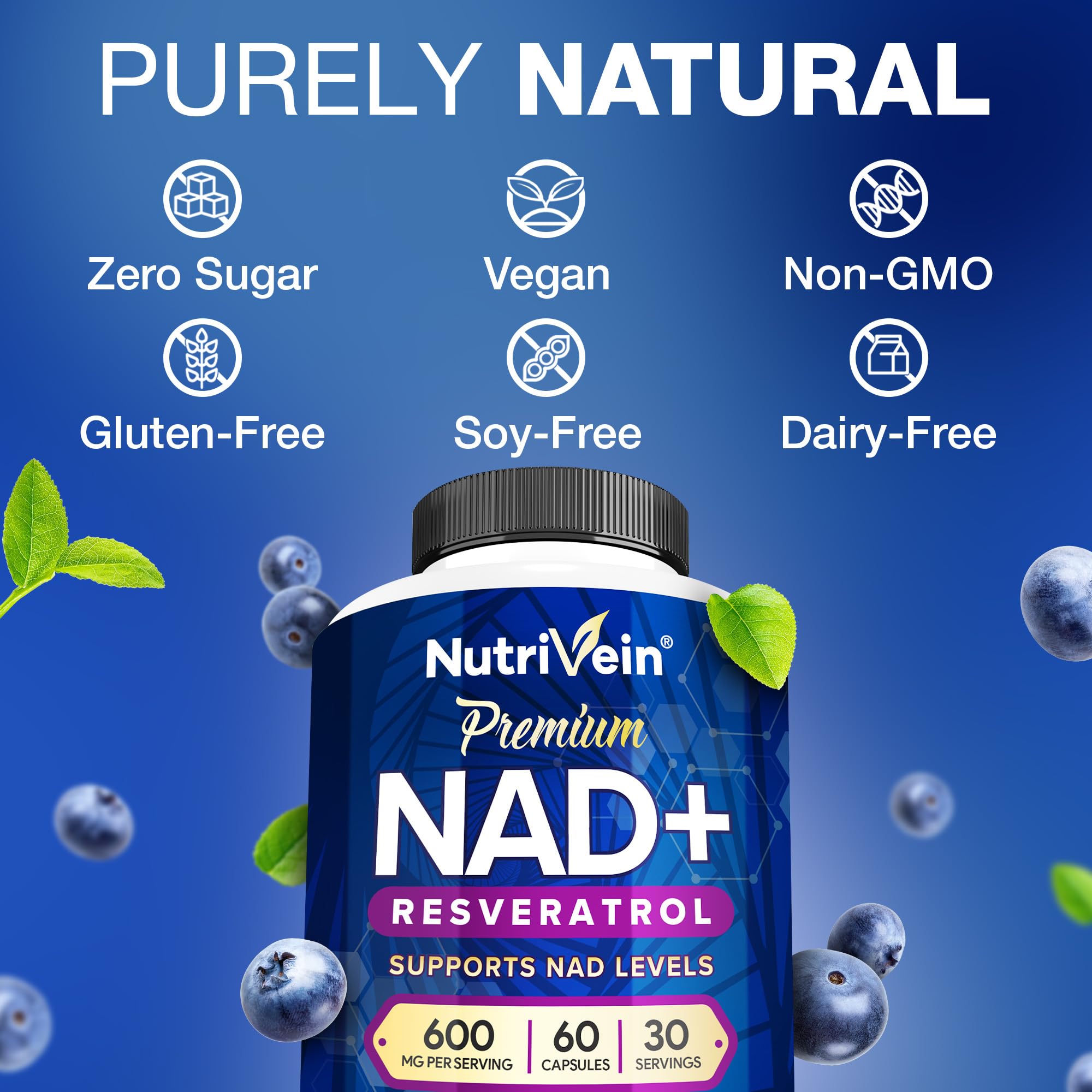 Caja del producto Nutrivein NAD+ Resveratrol, envase compacto para llevar