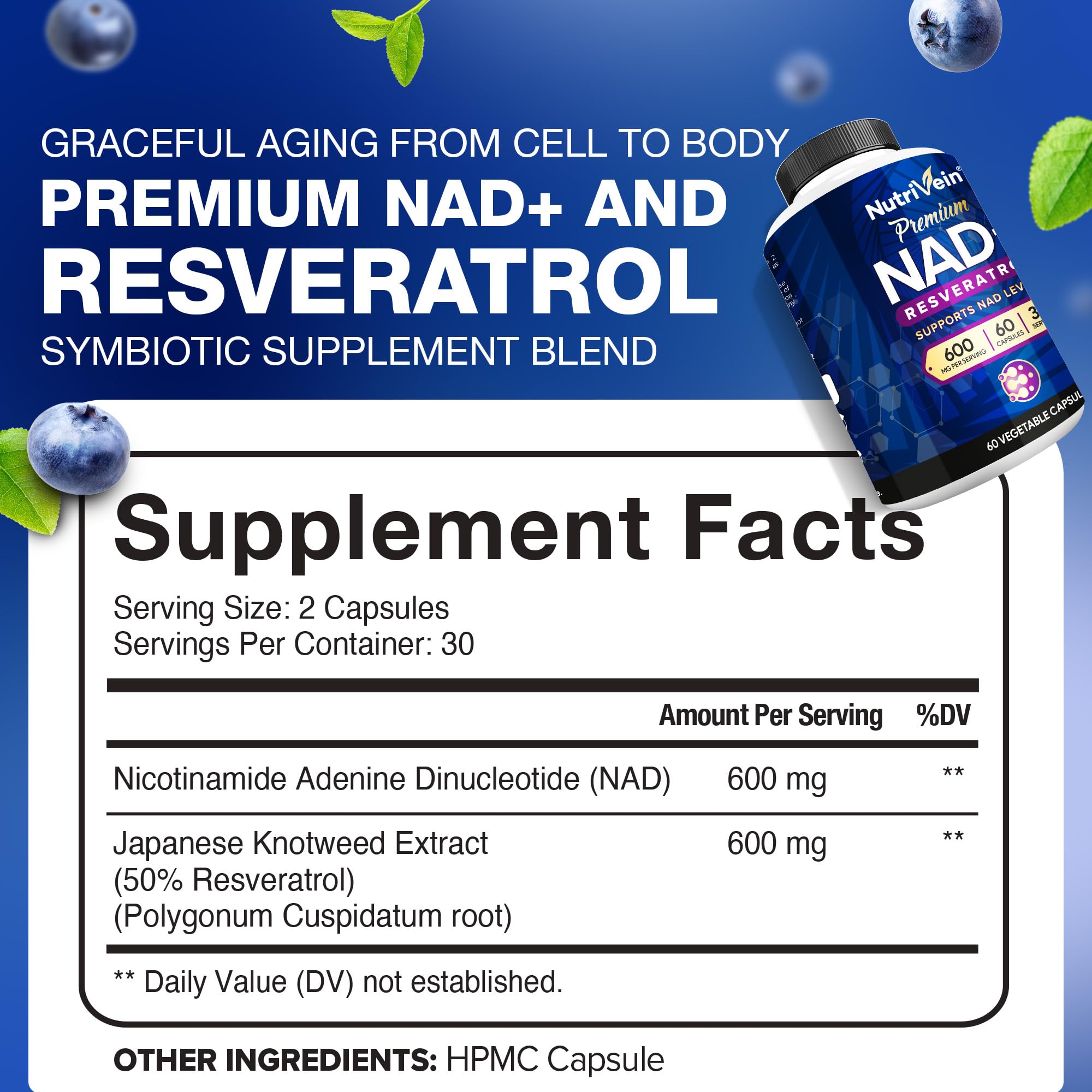 Cápsulas Nutrivein NAD+ Resveratrol para consumo diario y soporte metabólico