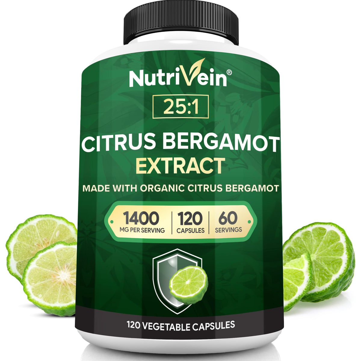 Nutrivein Citrus Bergamot 1400mg: botella de suplemento, apoyo potencial para bienestar cardiovascular.