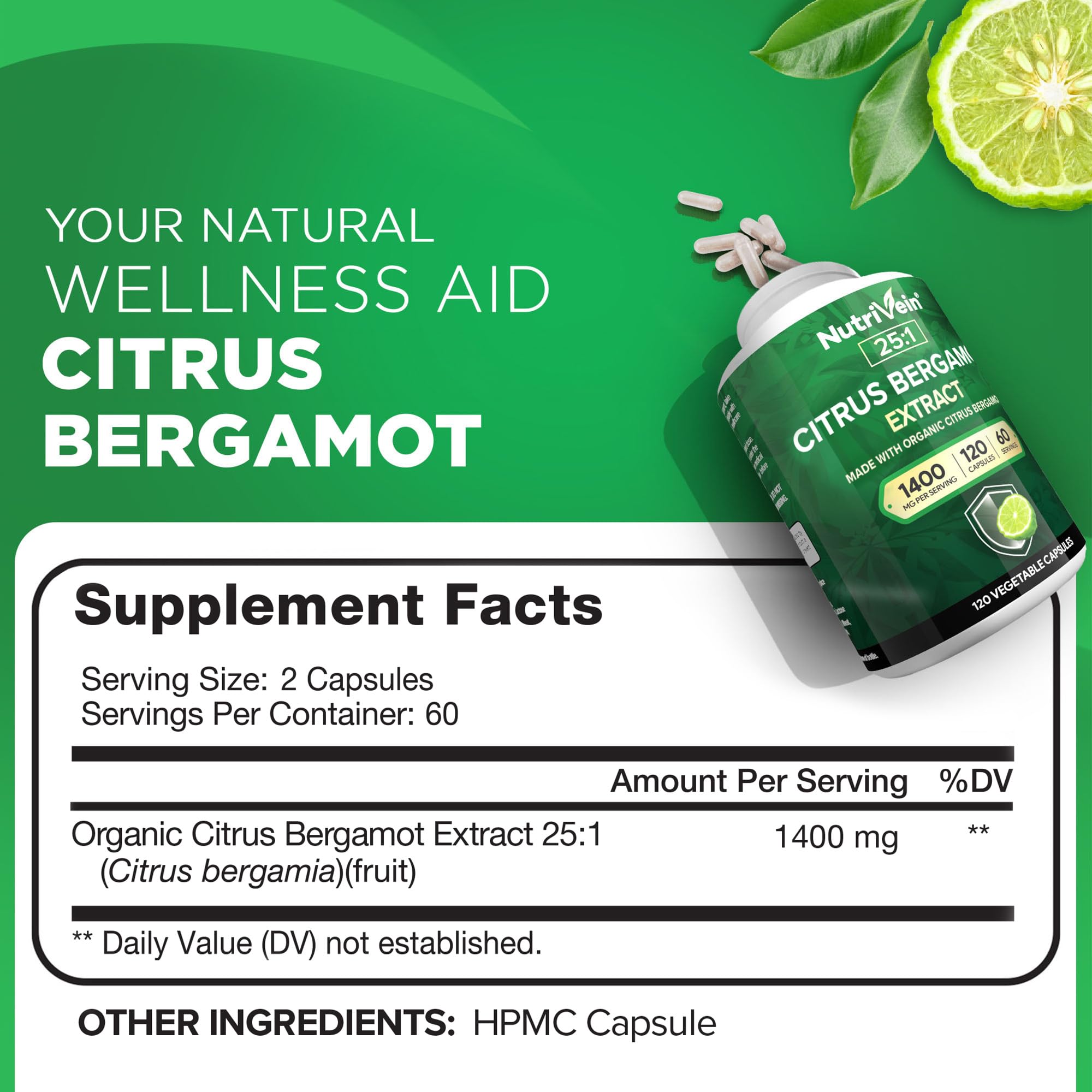 Nutrivein Citrus Bergamot: cápsulas cercanas, uso diario posible con comidas.