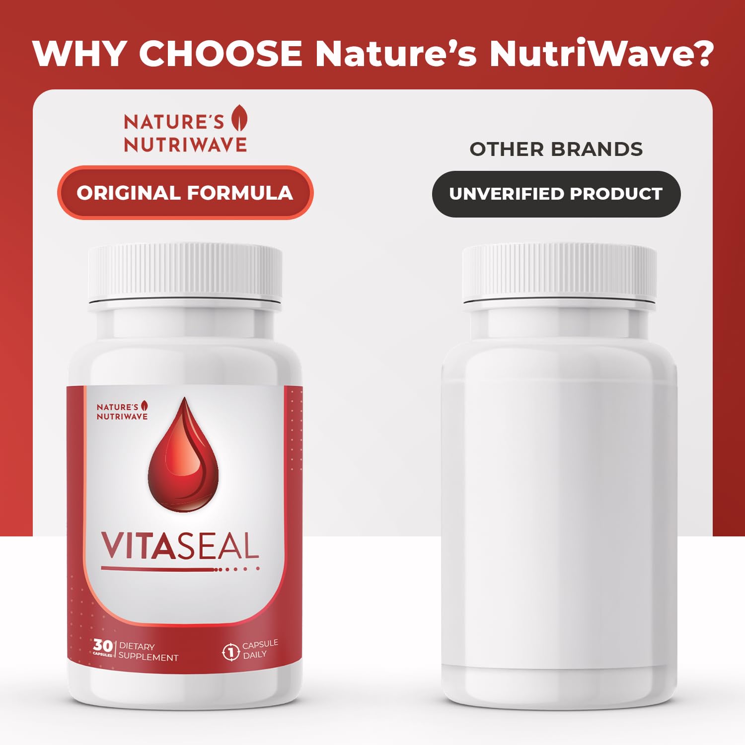 Vitaseal Nature’s NutriWave, etiqueta del producto y empaque, señalando origen en EE. UU. y formato vegano