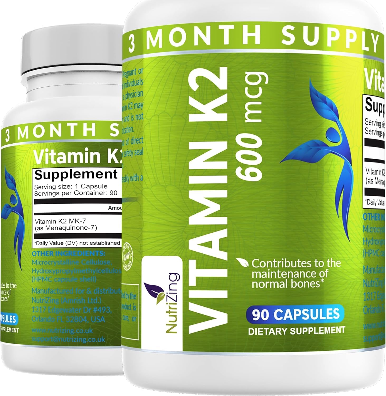 NutriZing K2 MK-7 cápsula de 600mcg para apoyo óseo diario.