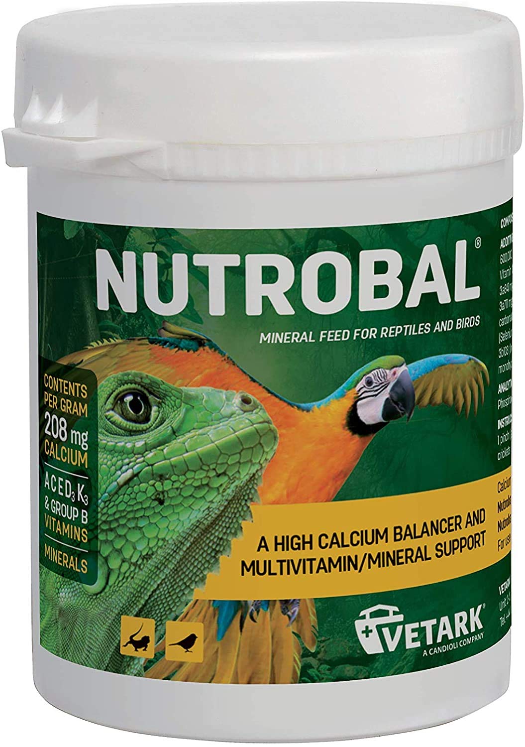 Nutrobal: equilibrador de calcio y multivitaminas para reptiles, favorece el crecimiento óseo.