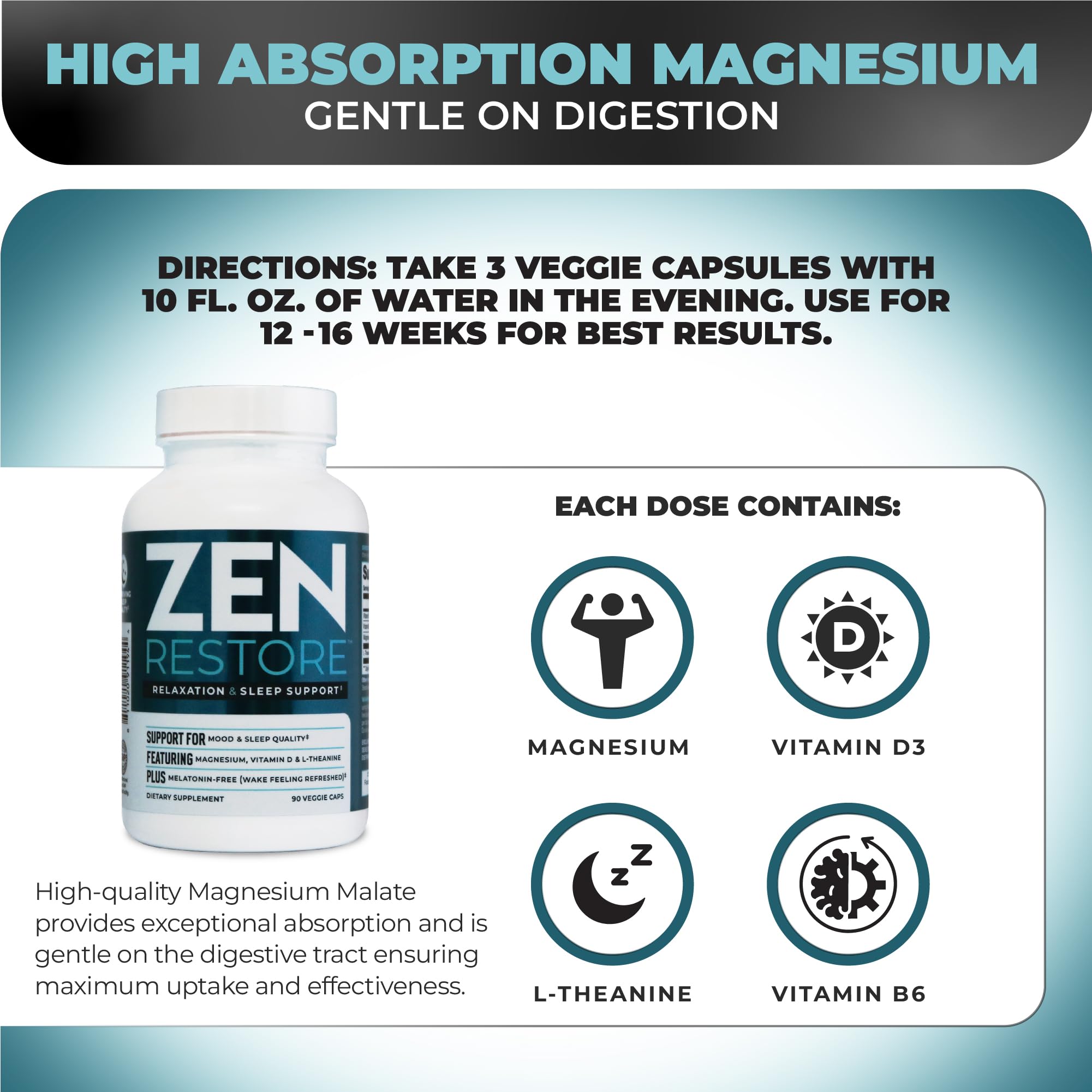 Nutrology Zen Restore etiqueta detalla magnesio malato y vitamina D3