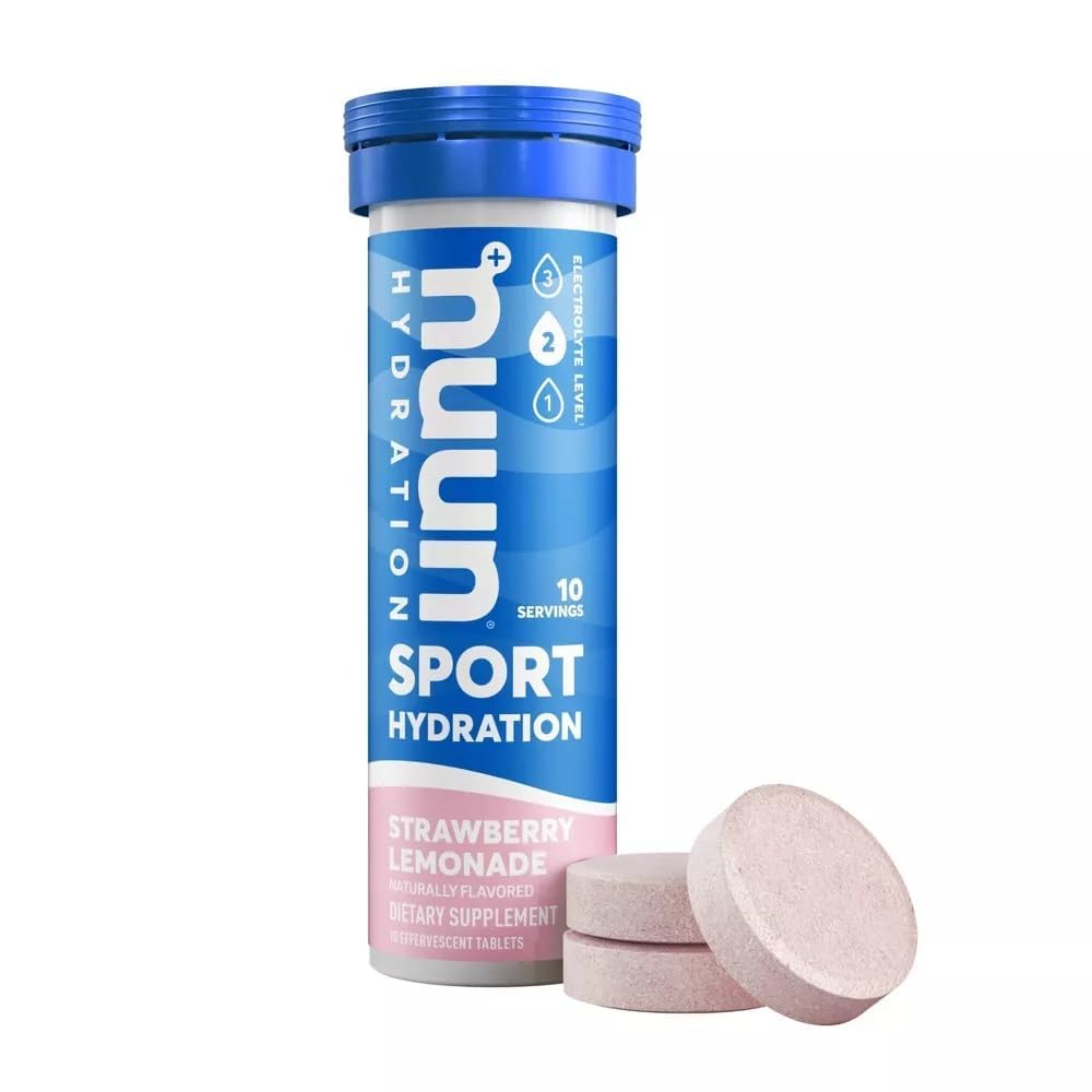 Nuun Active fresa-limonada, tableta disolviéndose en agua para hidratación rápida.