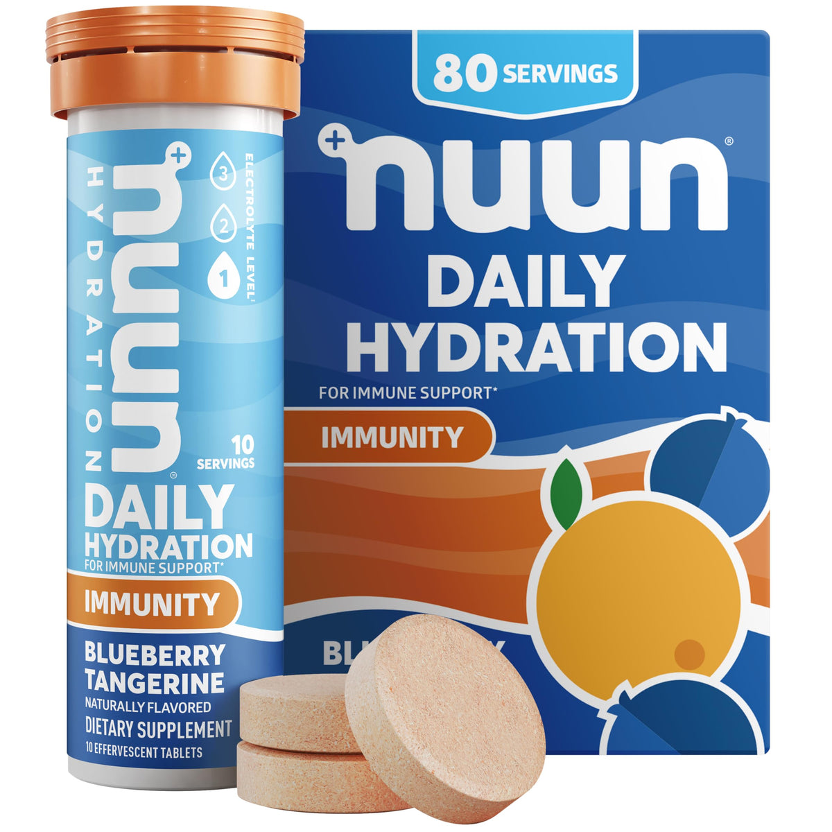 Nuun Immunity: tabletas disolviéndose en agua con sabor arándano-mandarina para hidratación