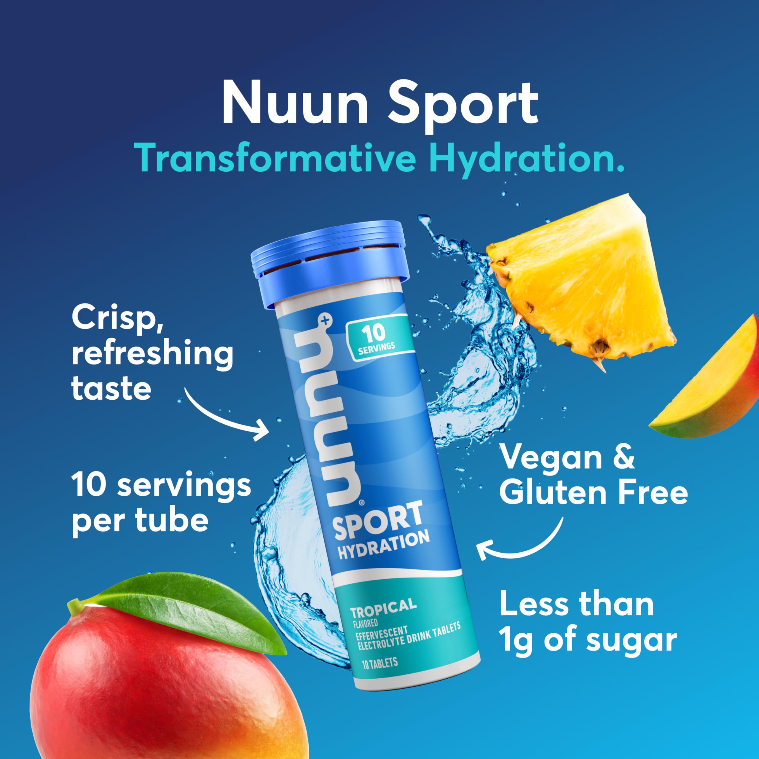 Tableta Nuun Sport disolviéndose en agua para bebida refrescante.