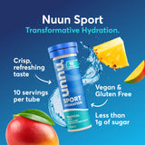 Tableta Nuun Sport disolviéndose en agua para bebida refrescante.