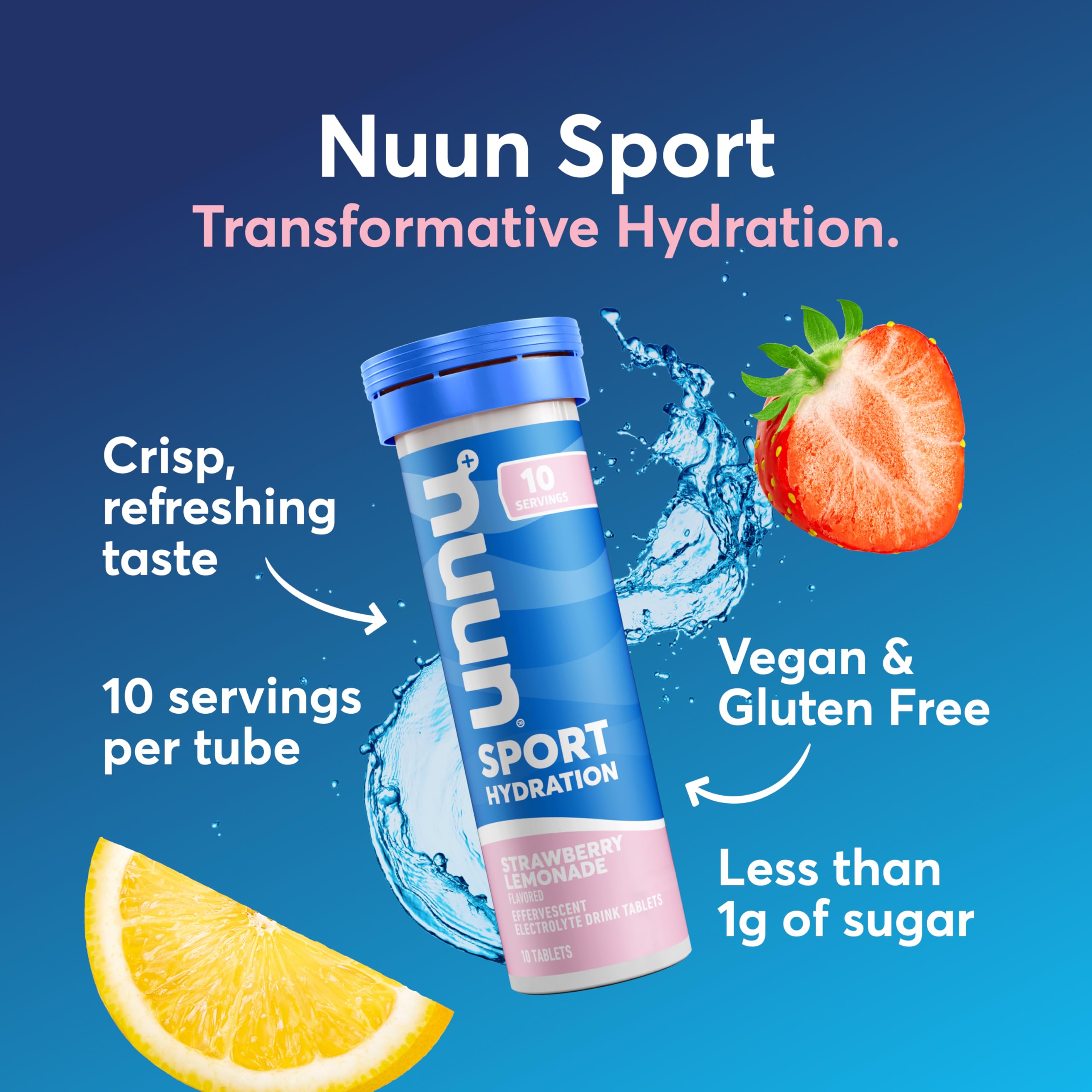 Nuun Sport tableta sabor fresa-limonada en tubo, refrescante y conveniente.