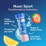 Nuun Sport tableta sabor fresa-limonada en tubo, refrescante y conveniente.