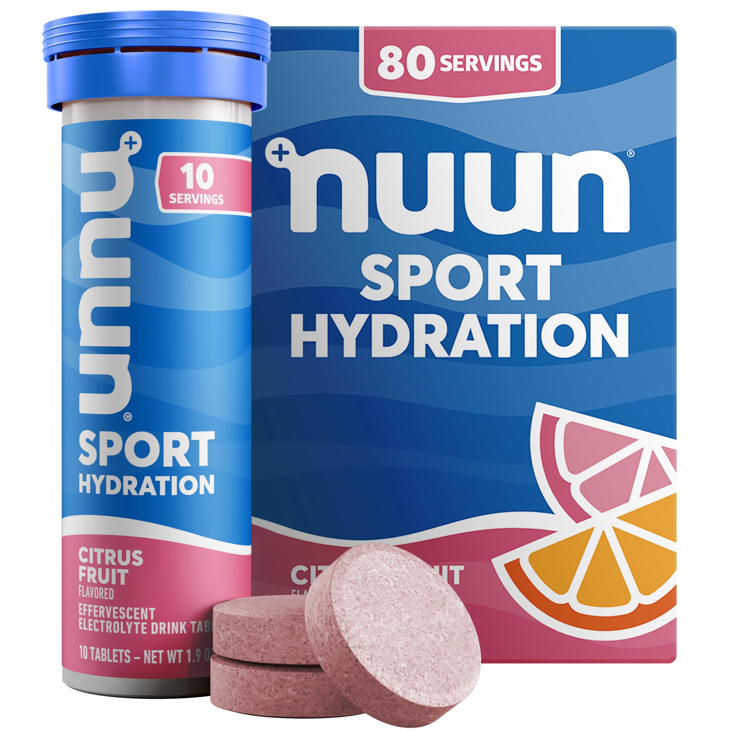 Nuun tabletas electrolitos sabor cítrico en envase, hidratación rápida.