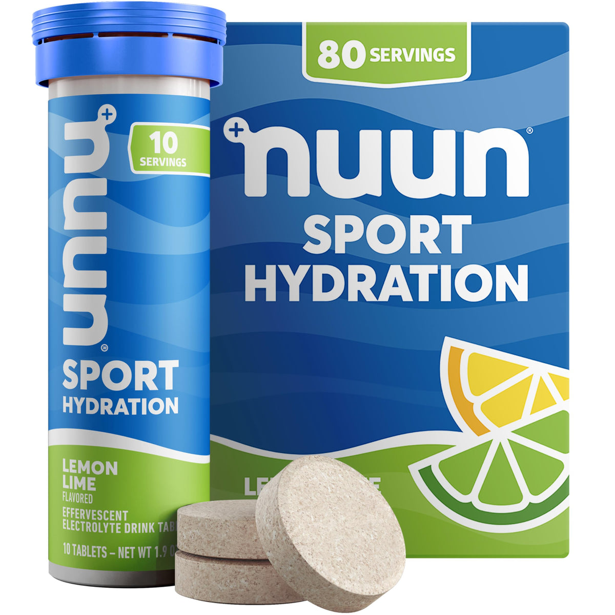 Nuun tabletas electrolitos limón lima se disuelven fácilmente en agua para hidratación rápida.