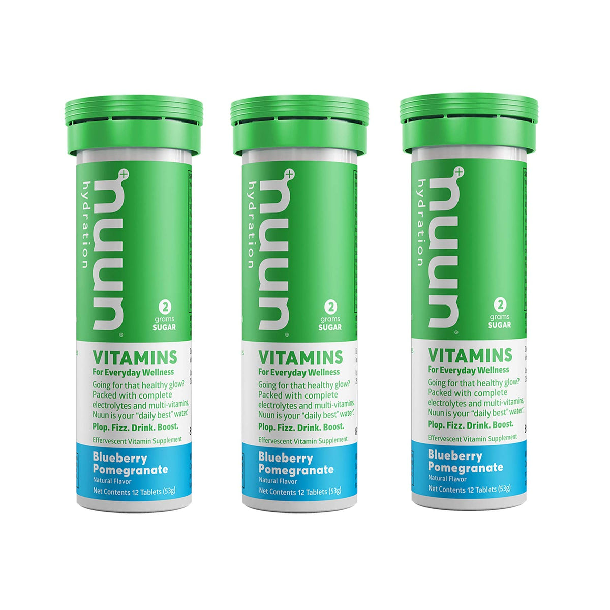 Nuun Vitaminas sabor arándano granada en bote de 12 pastillas, hidratación práctica para entrenos.