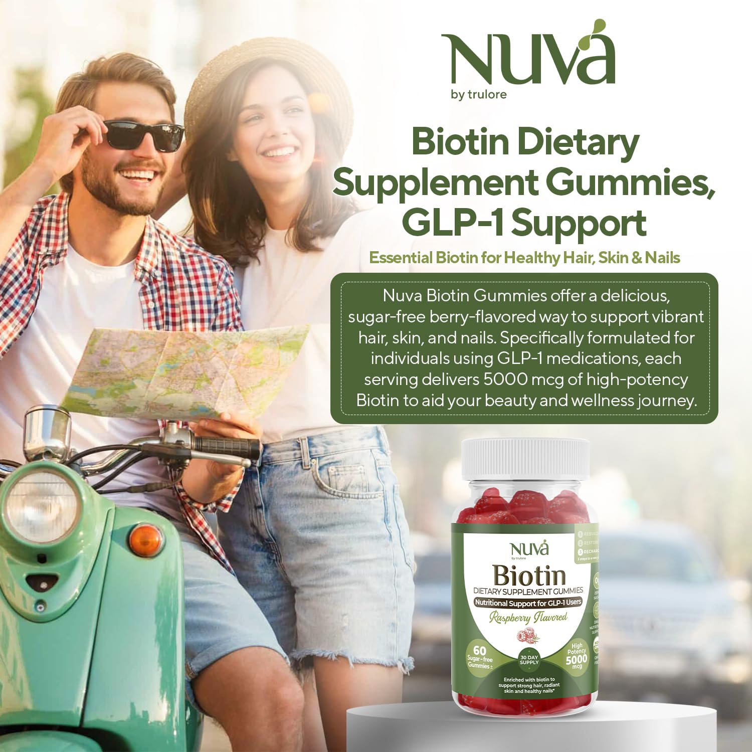 NuVa Biotina Gomitas sabor-frambuesa, experiencia agradable para rutina de belleza.