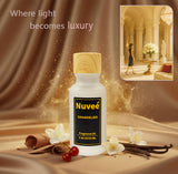 Nuveé Nirvana fragancia en frasco, ambiente sereno para dormitorio.