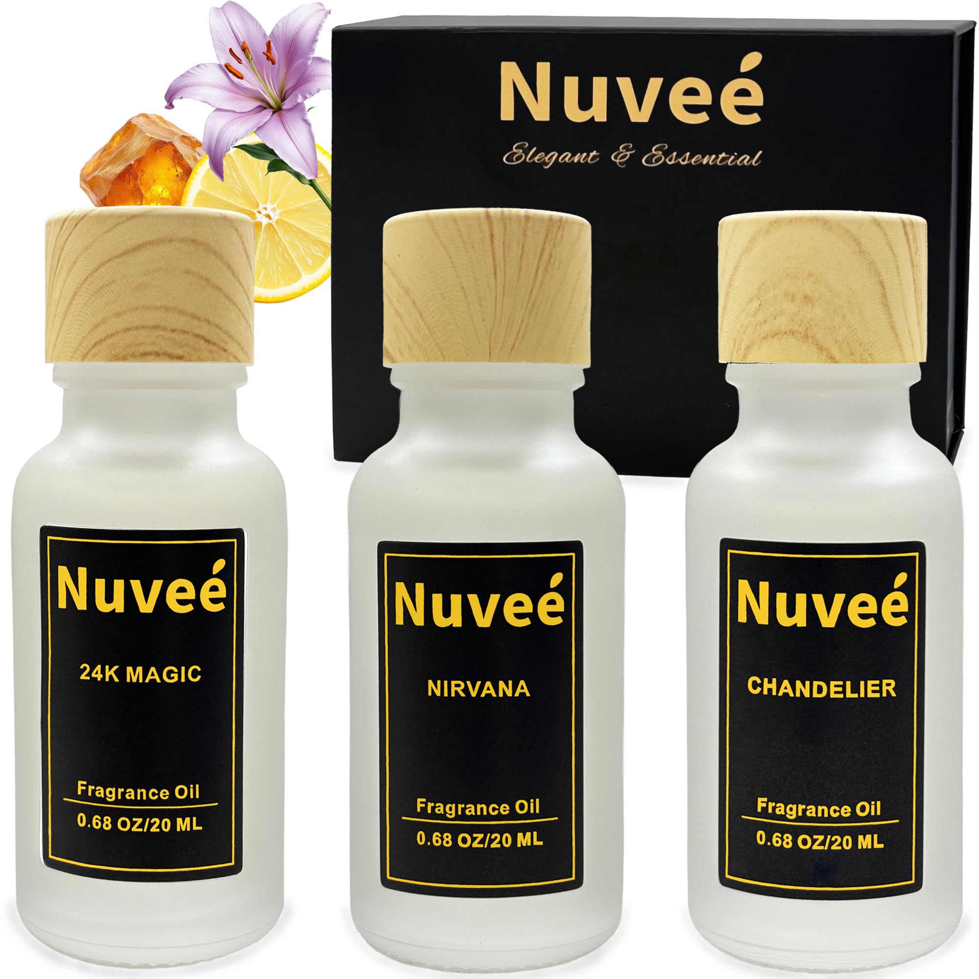 Nuveé: tres frascos de aceites de 20 ml para difusor, creando un ambiente sofisticado.