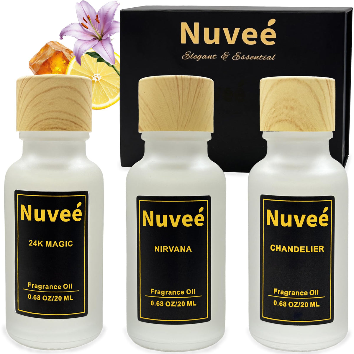 Nuveé: tres frascos de aceites de 20 ml para difusor, creando un ambiente sofisticado.