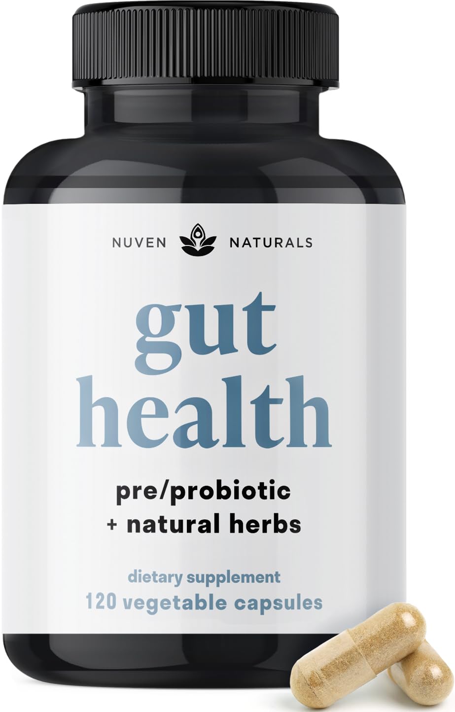Nuven Naturals botella de cápsulas, apoyo diario a la digestión.