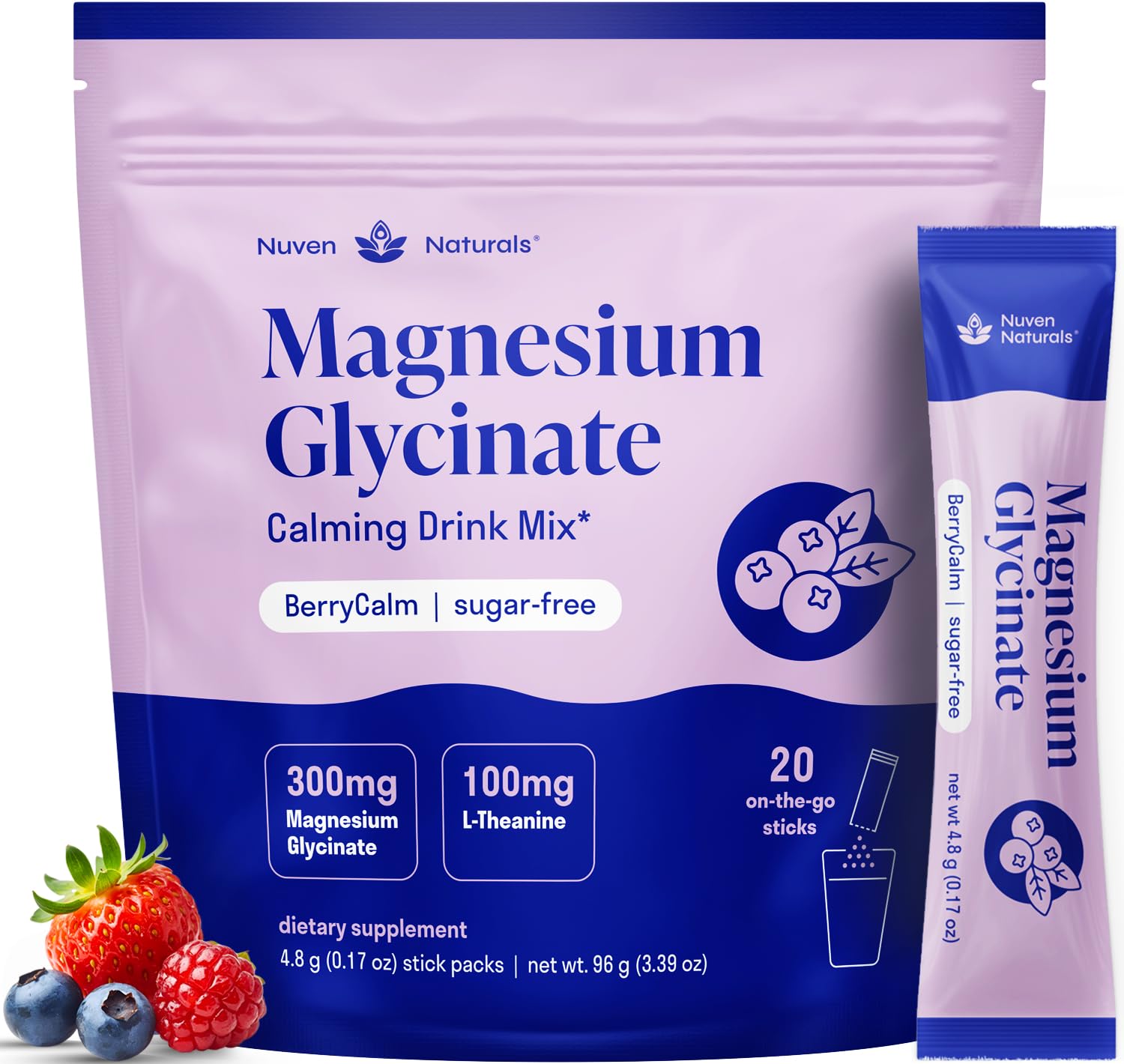 Imagen de Nuven Naturals magnesio glicinato con L-teanina sabor frambuesa para relajación.