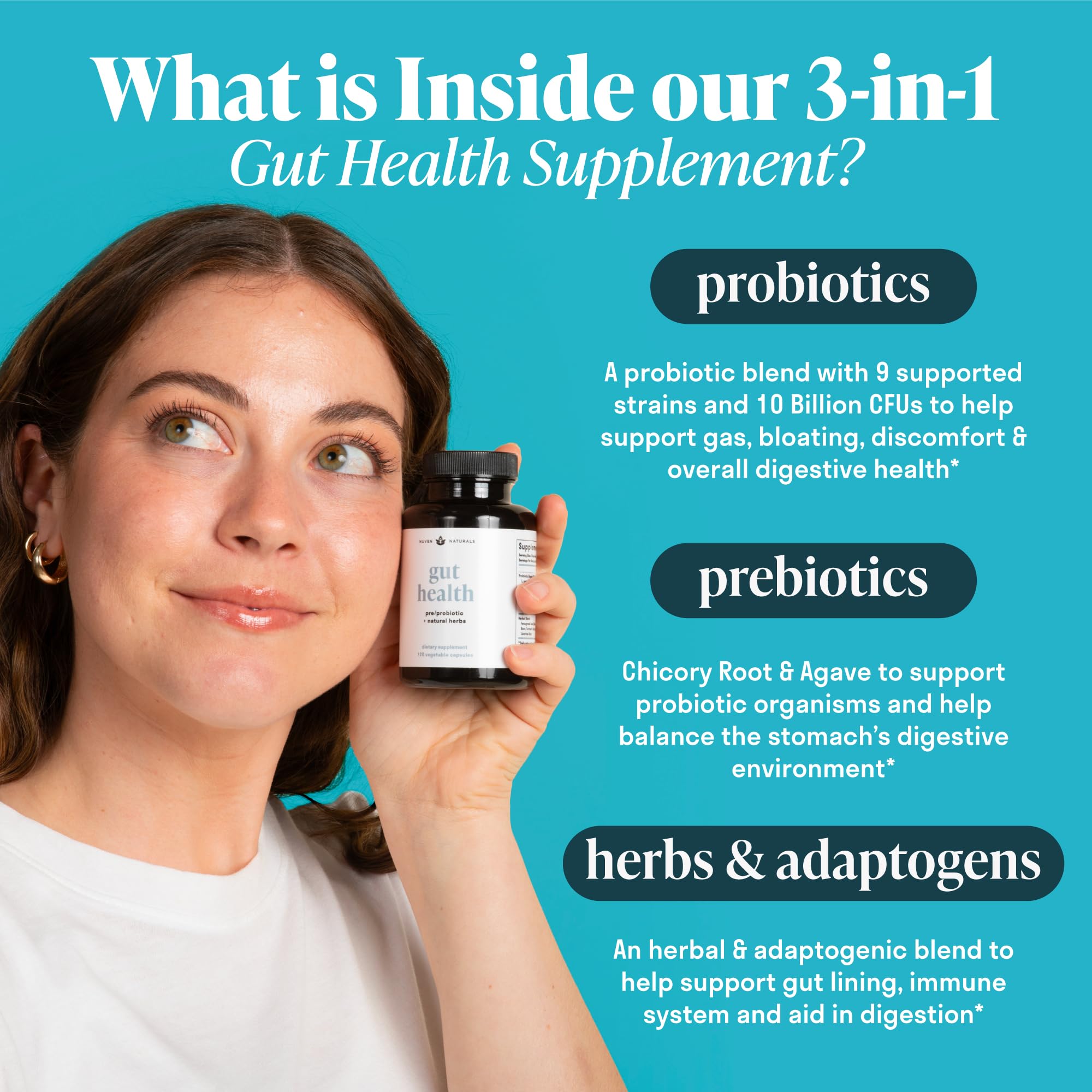 Nuven Naturals probióticos y prebióticos para equilibrio de la microbiota.
