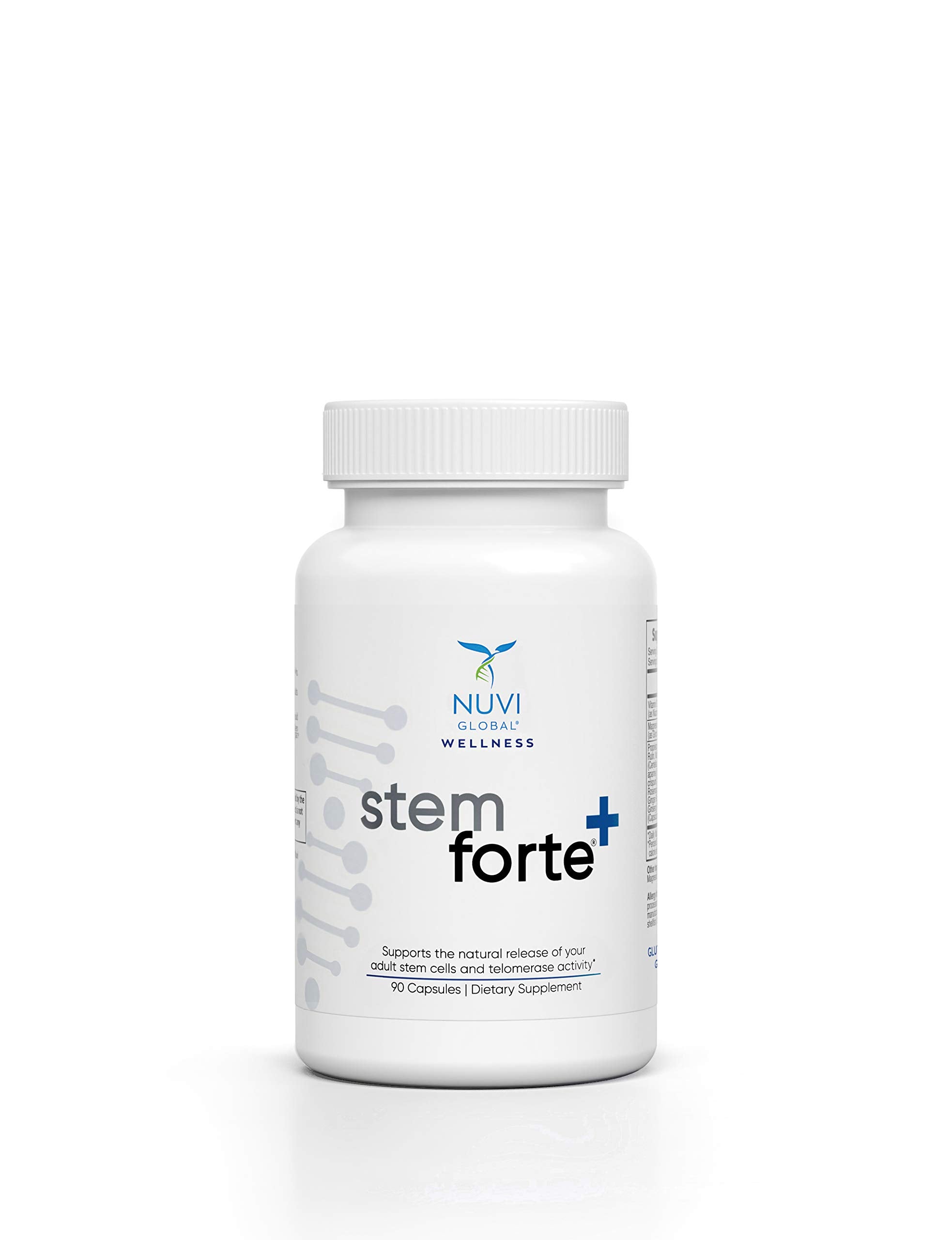 NuVi Global Stemforte Plus, botella con dosis diaria para apoyar renovación celular.