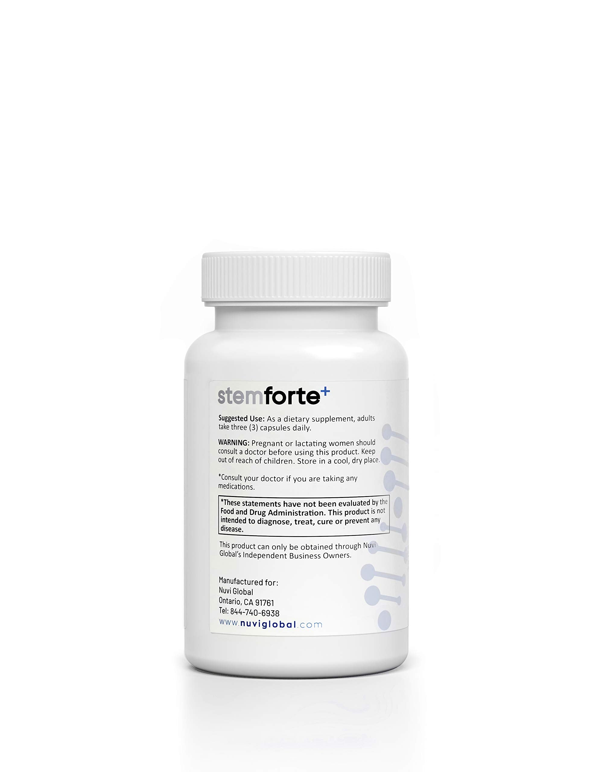 NuVi Global Stemforte Plus, etiqueta nutricional destacando antioxidantes y beneficios para células.