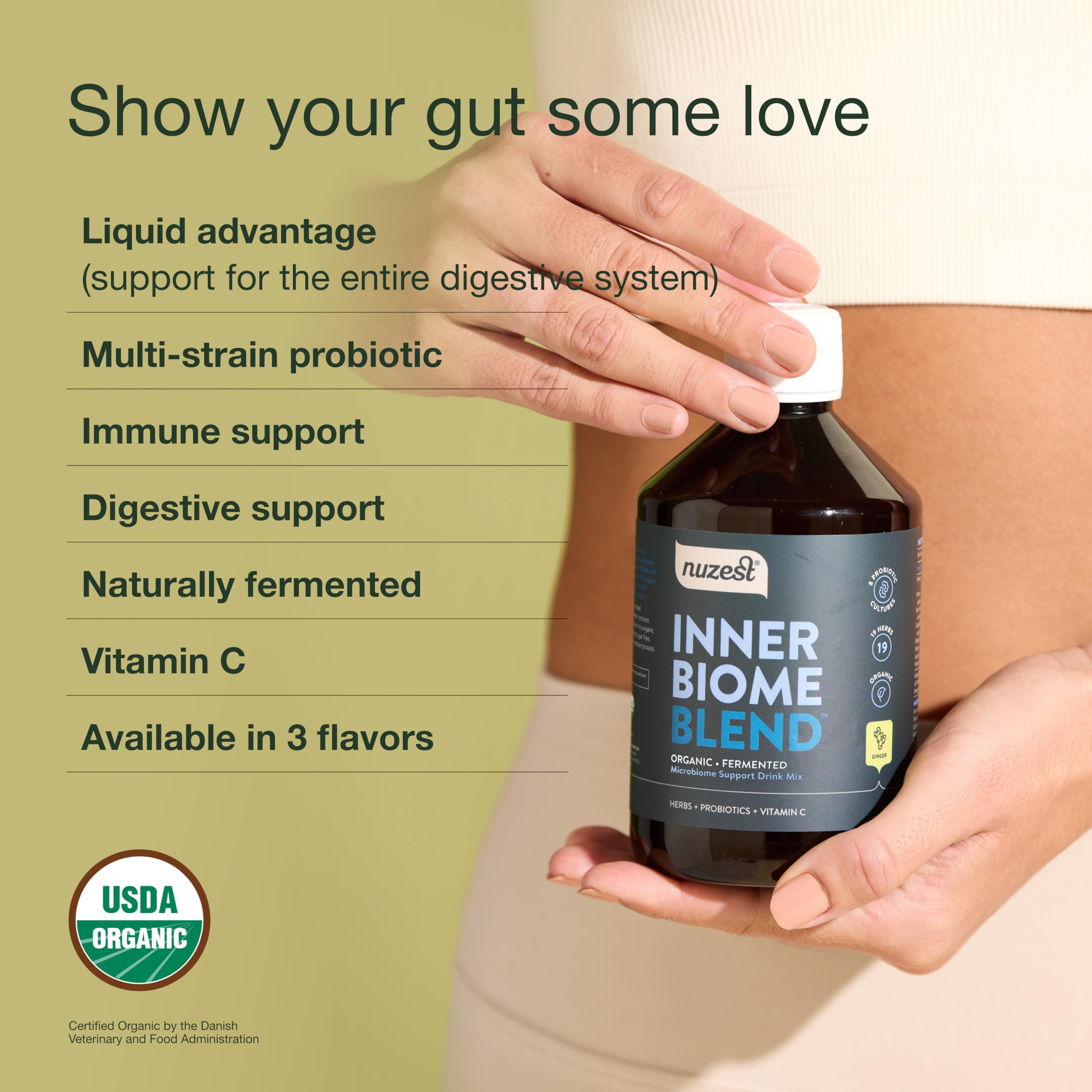 Nuzest Inner Biome Blend – frasco con 8 cepas probióticas.