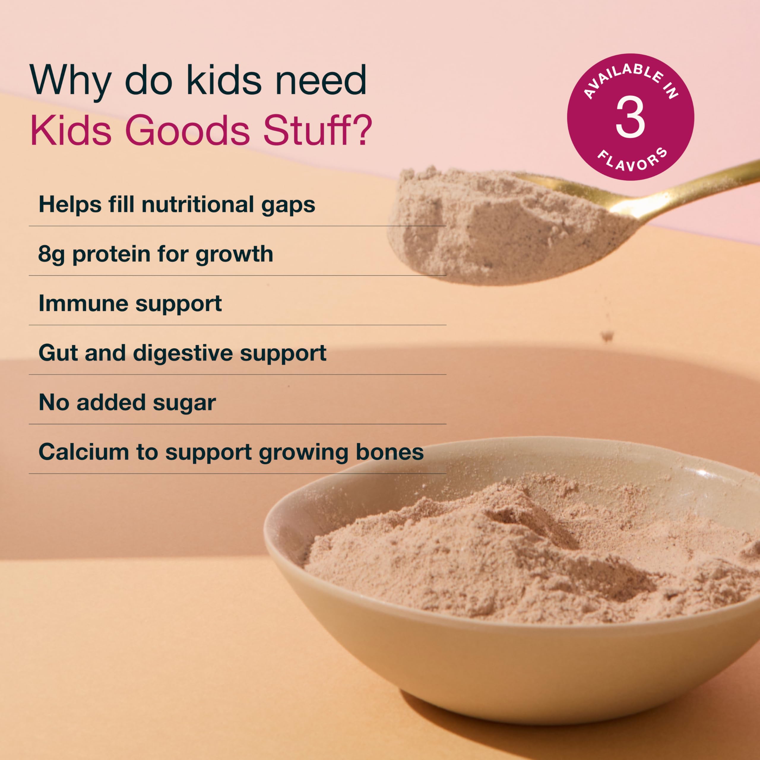 Nuzest Kids Good Stuff Vanilla Caramel, ingredientes ricos en vitaminas para energía diaria.