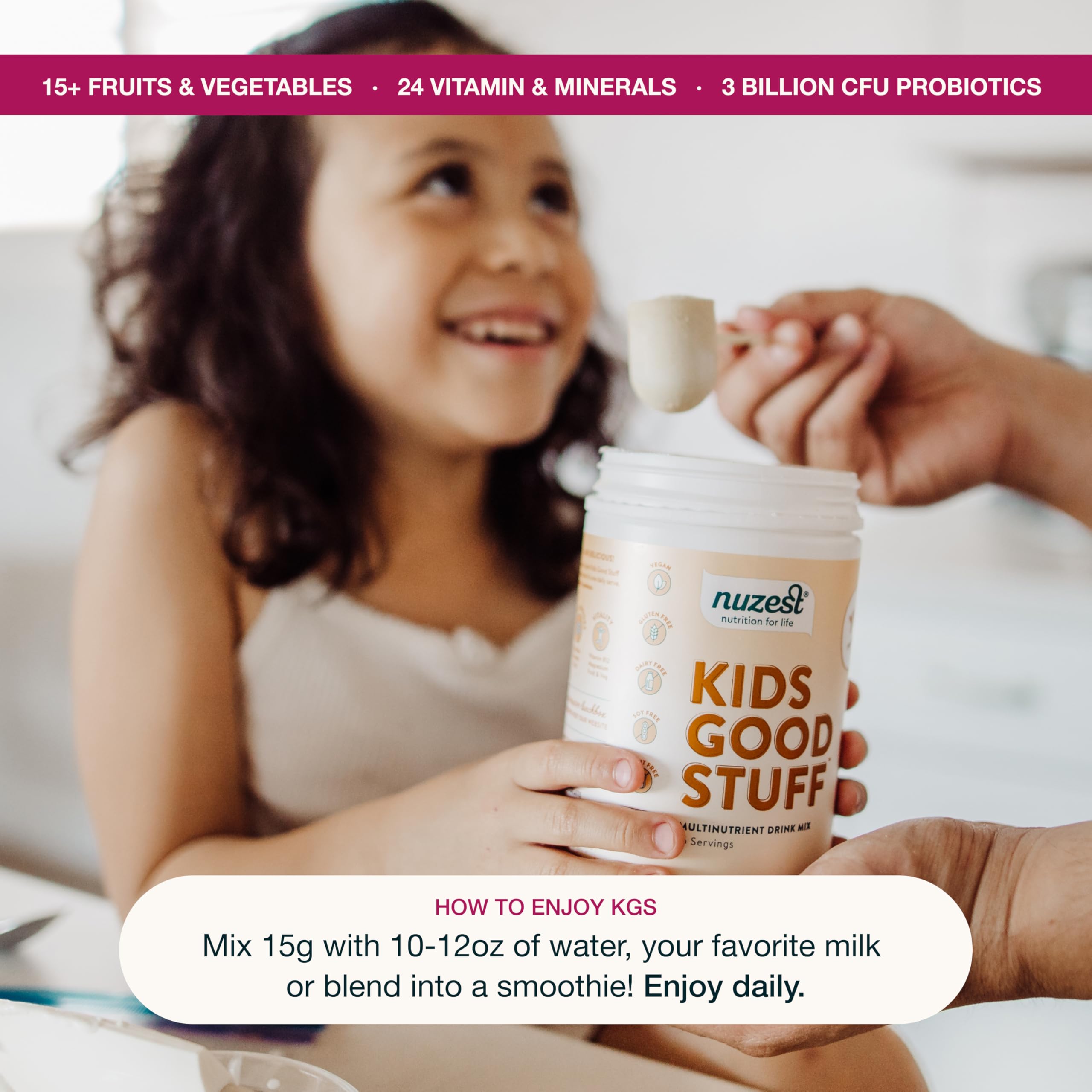 Nuzest Kids Good Stuff Vanilla Caramel, nutrición equilibrada para el día.