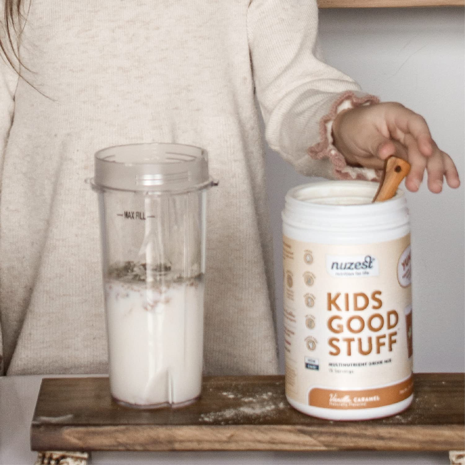Nuzest Kids Good Stuff Vanilla Caramel, sin alérgenos y sin azúcares añadidos.