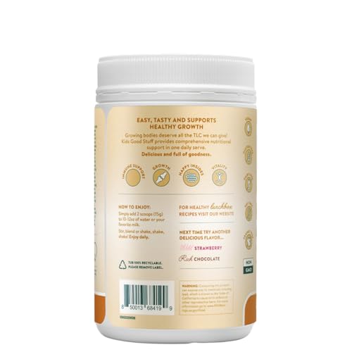 Nuzest Kids Good Stuff Vanilla Caramel, taza medidora incluida para porciones fáciles.