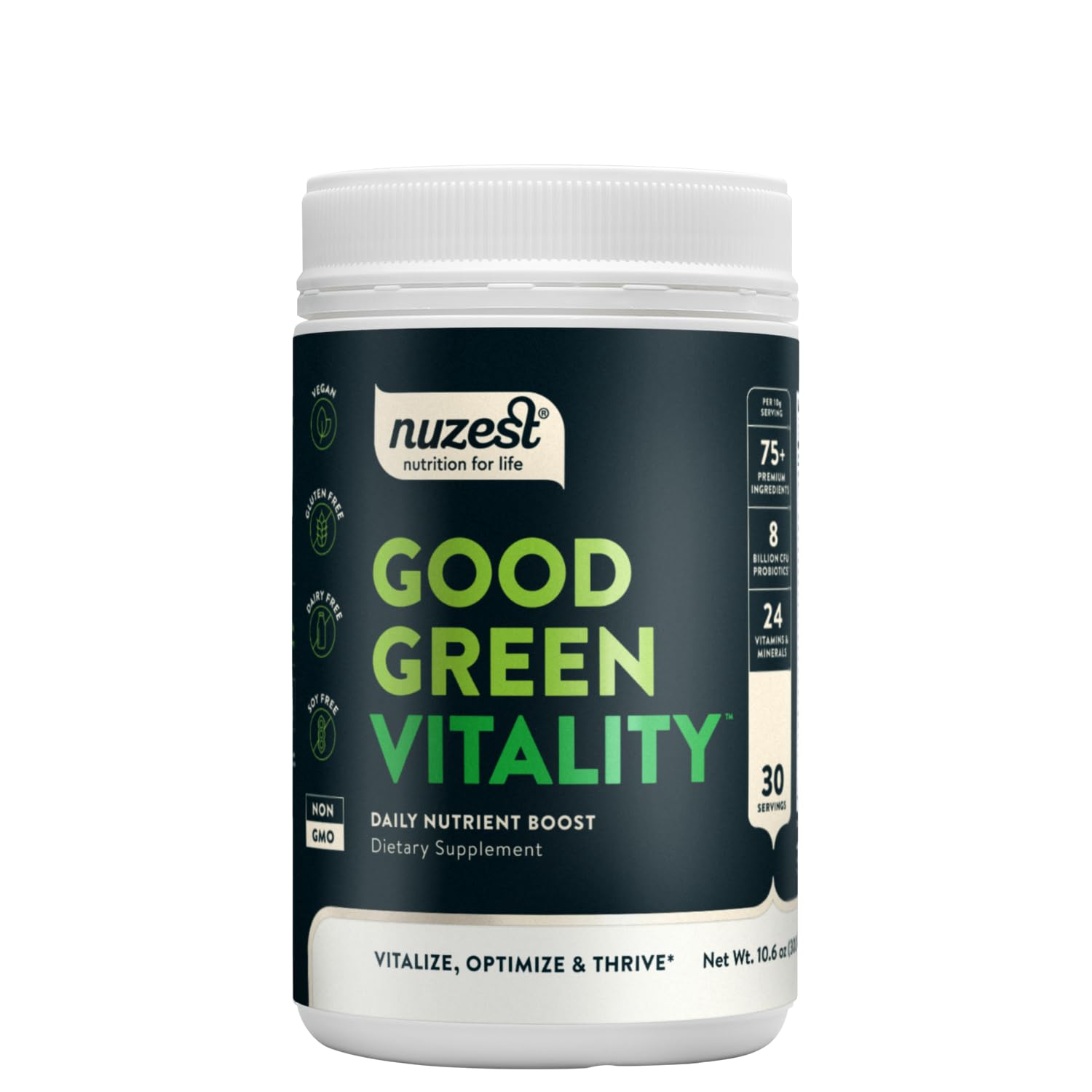 Nuzest polvo verdes envase principal, práctico para un soporte nutricional diario.