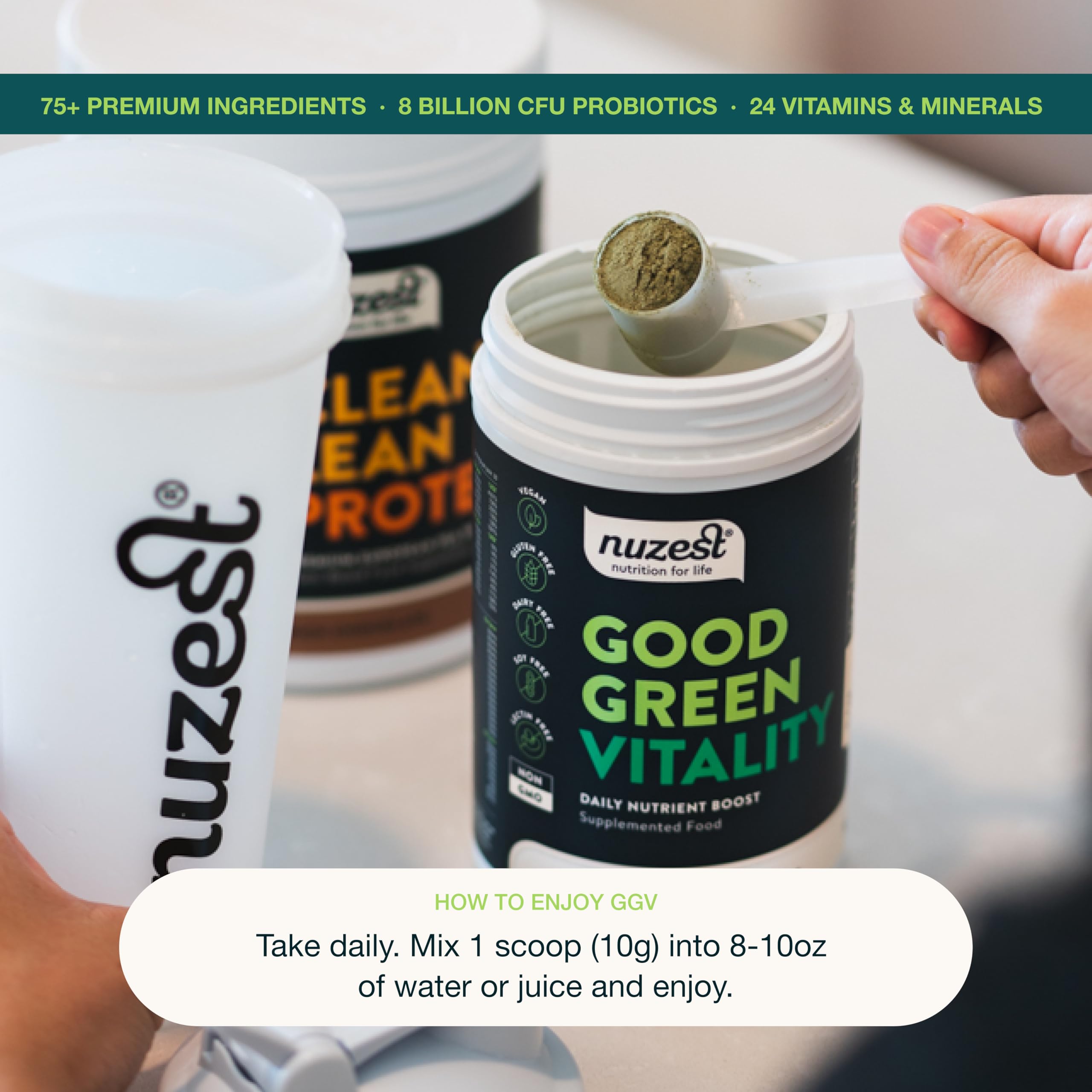 Nuzest polvo verdes probióticos dietarios, apoyo para la microbiota.