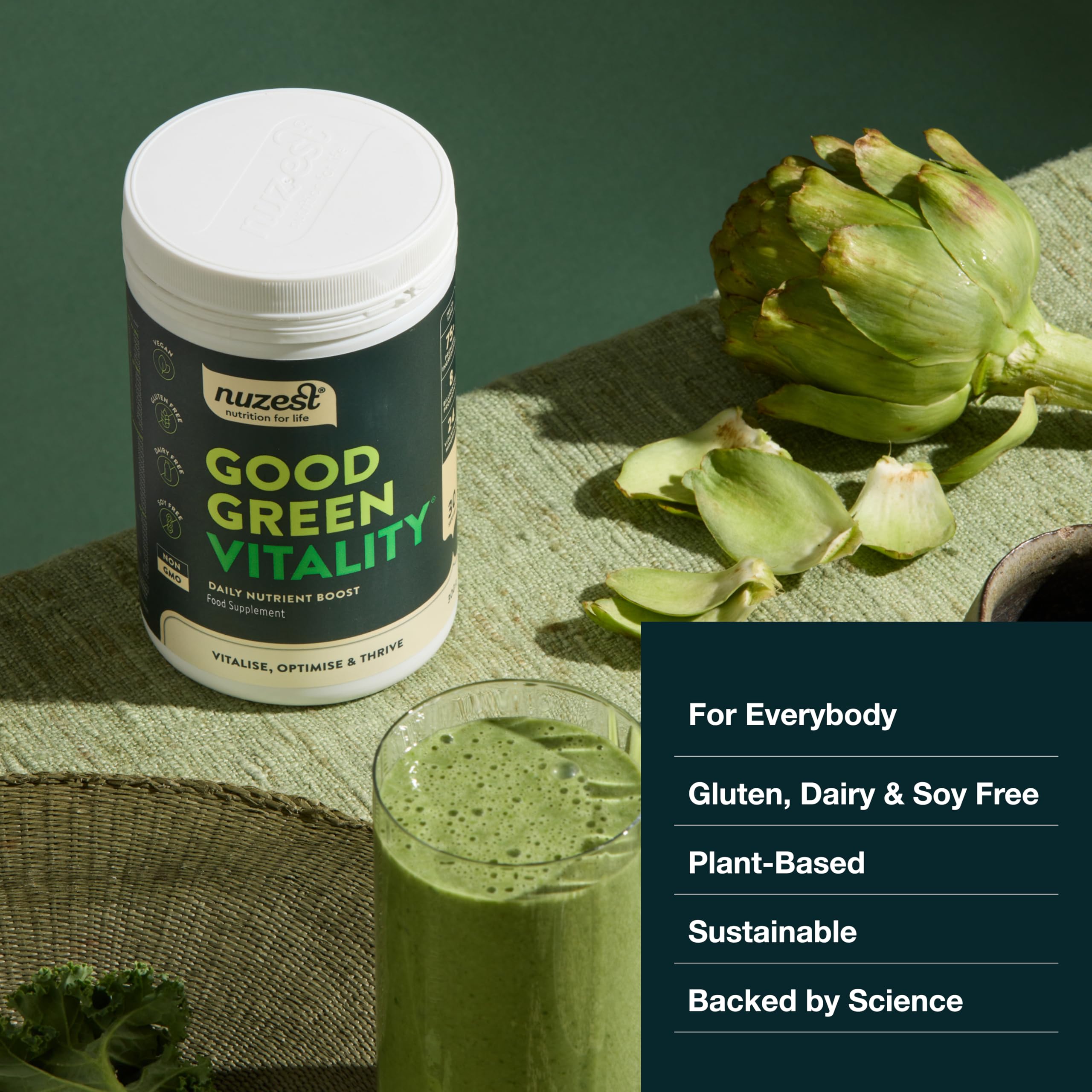 Nuzest polvo verdes uso diario, fácil de incorporar en rutinas.