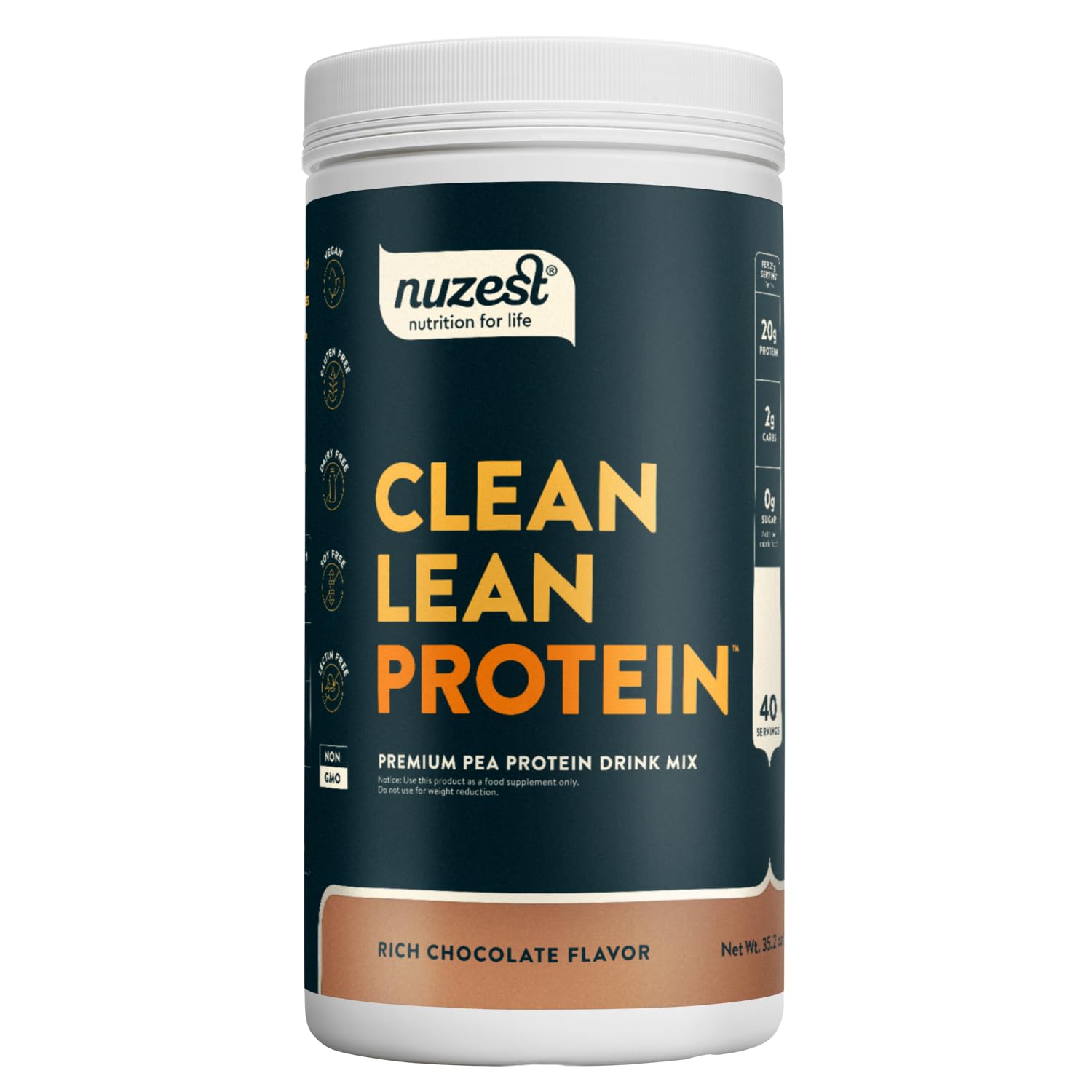 Nuzest Proteína de Guisante Chocolate en tarro visible con sabor delicioso y proteína vegetal