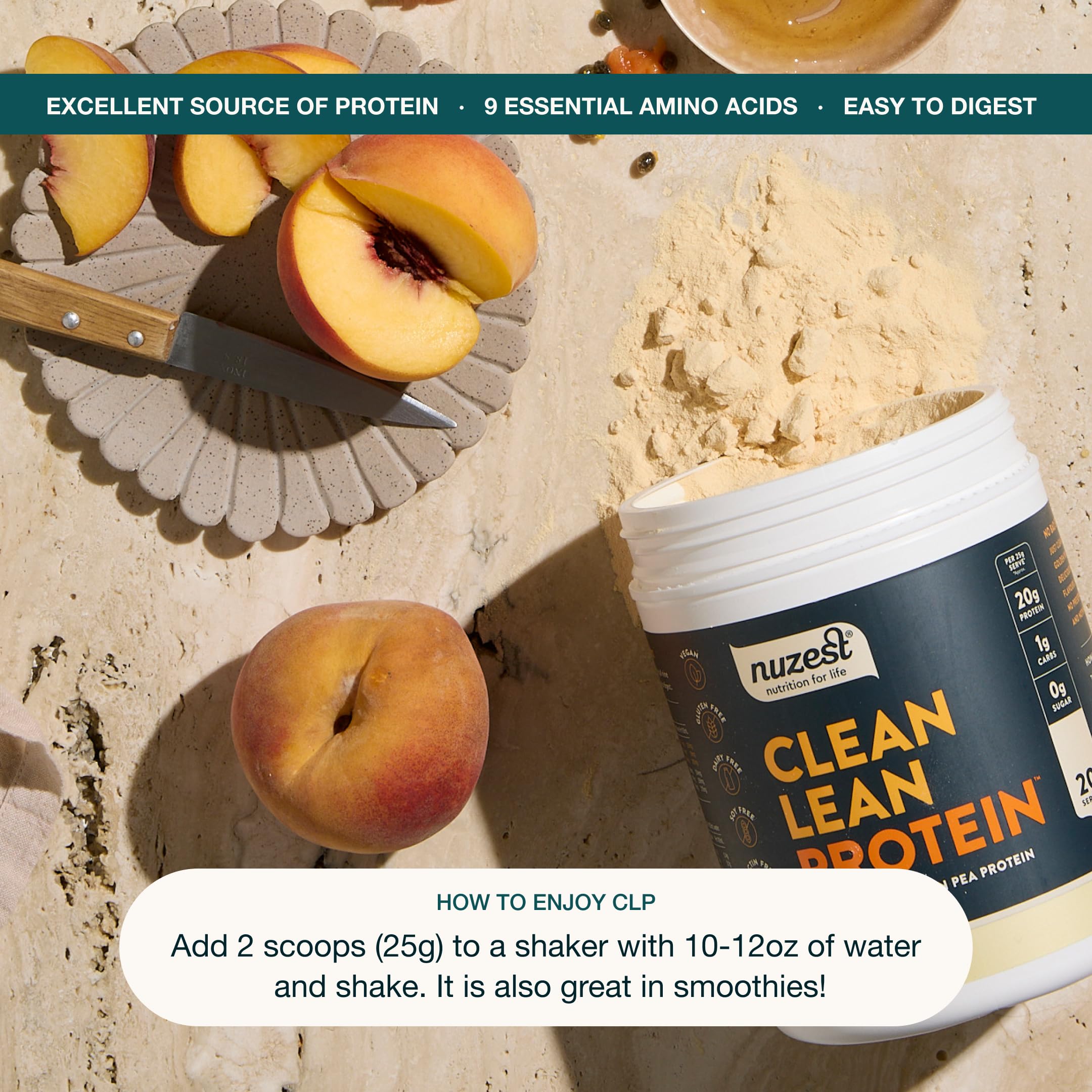 Uso diario: proteína de guisante Nuzest para reforzar energía y saciedad.