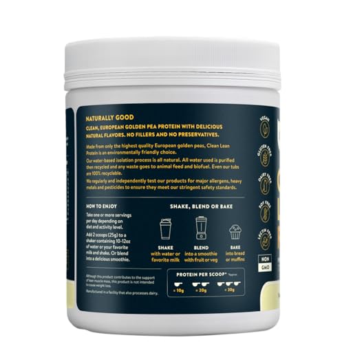 Nuzest proteína de guisante vainilla con cuchara medidora para porciones precisas.