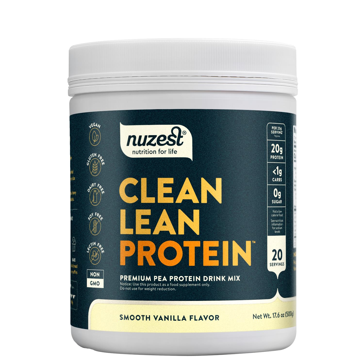 Proteína de guisante Nuzest vainilla en envase elegante para uso diario.
