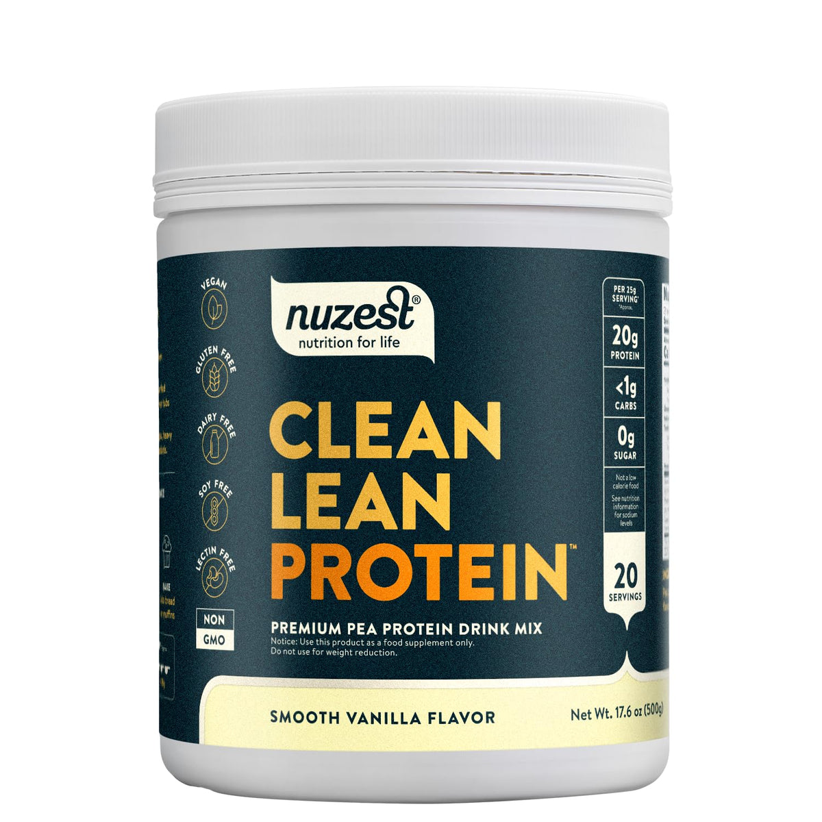 Proteína de guisante Nuzest vainilla en envase elegante para uso diario.