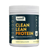 Proteína de guisante Nuzest vainilla en envase elegante para uso diario.